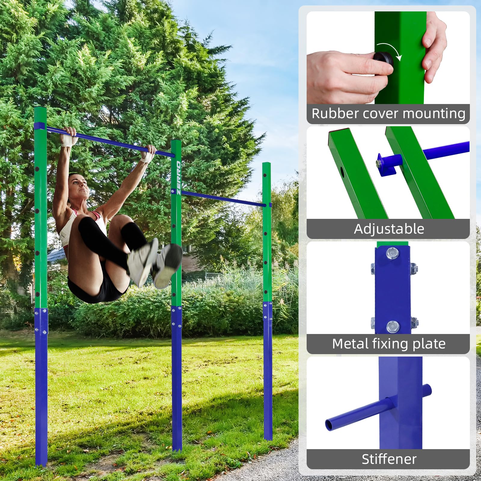 ZERRO Reckstange Outdoor Turnreck bis 150kg belastbar, Höhenverstellbar Doppelte Turnstange grün-blau
