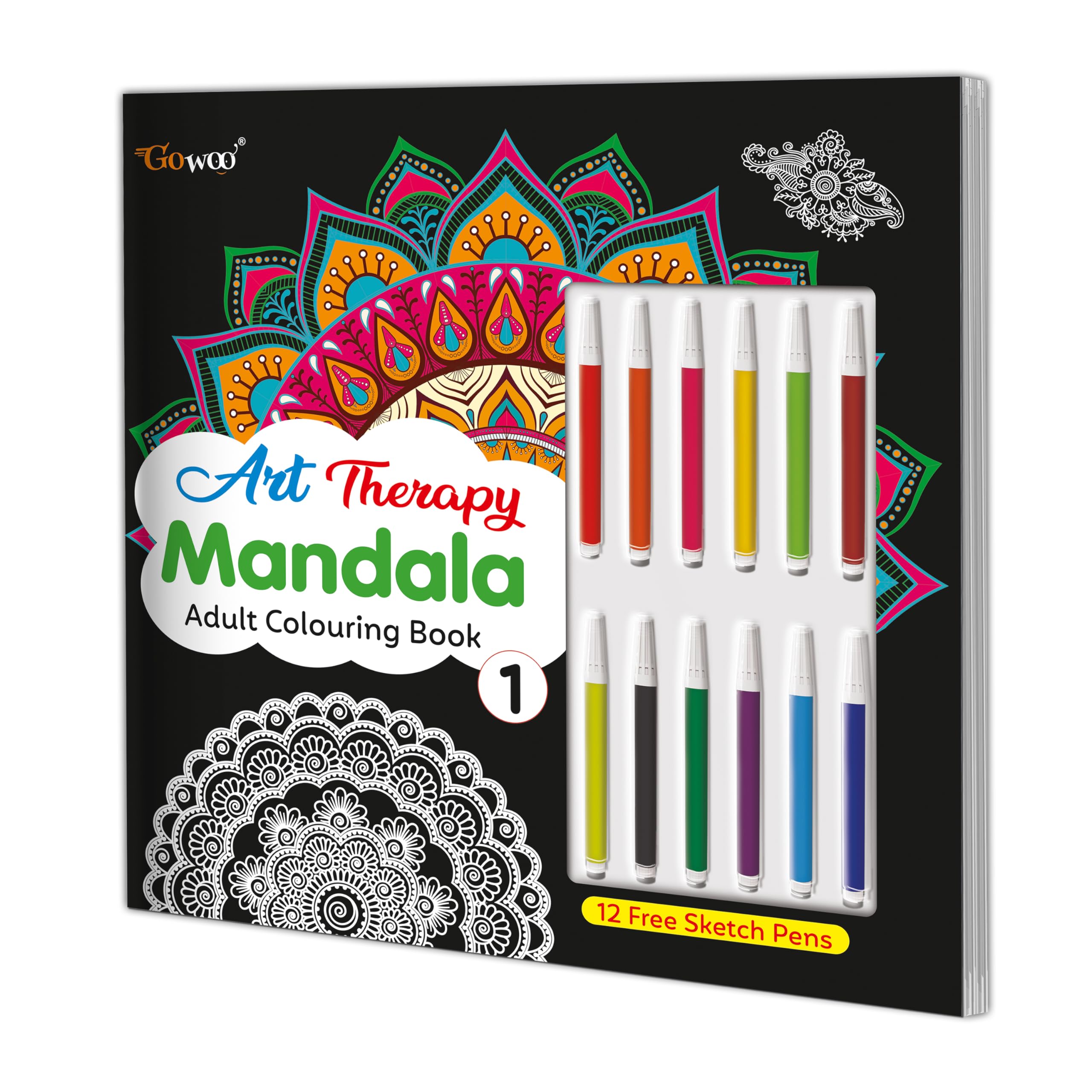 Art Therapy Mandala Adult Colouring Book 1: Mandala Colouring Book, Adult Coloring Book Kit with 12 Sketch Pens, Fun for Adults, Relaxing Coloring workbook