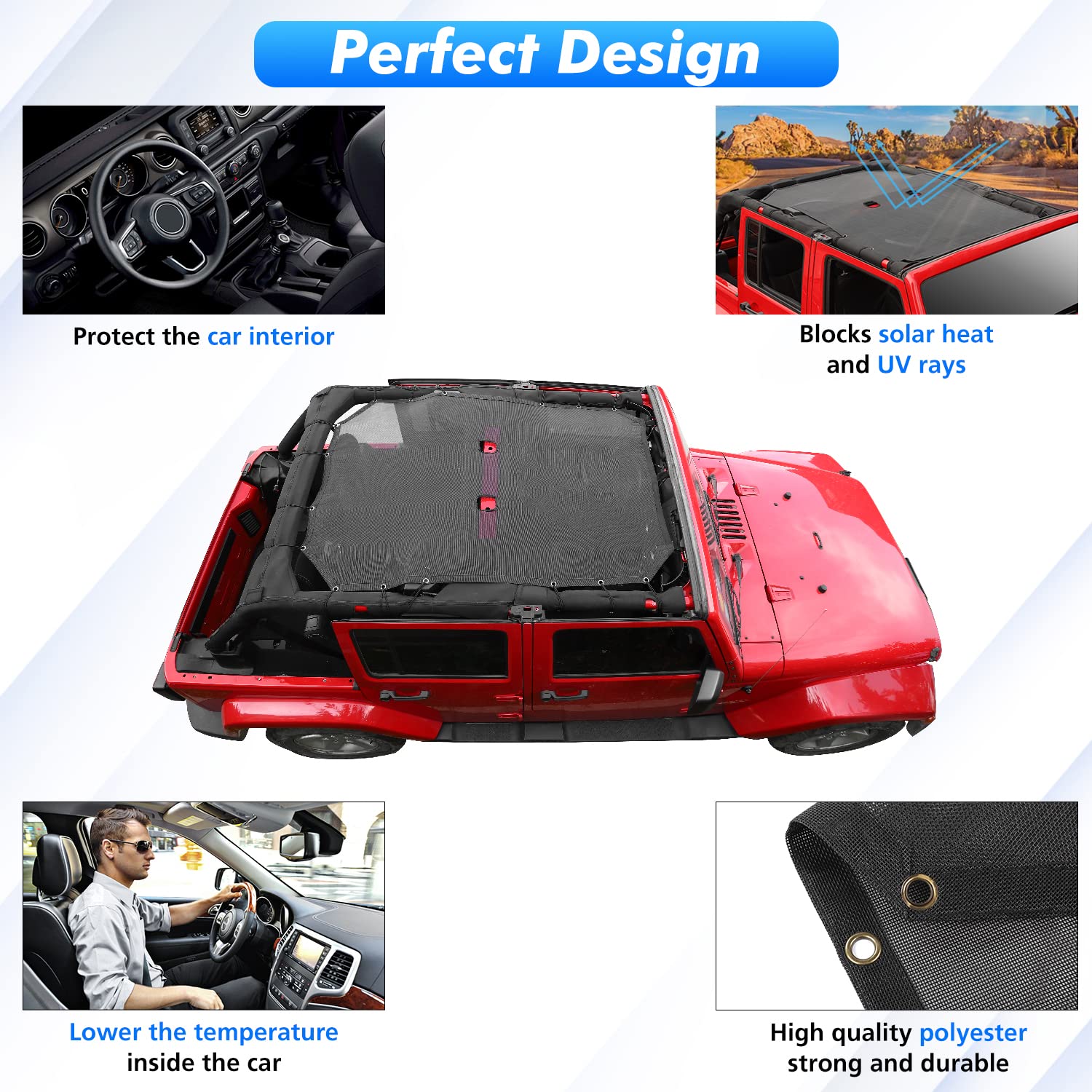 Jimen JKU - Parasole parasole per Jeep Wrangler JK Unlimited 2007-2018, solo 4 porte, colore: Nero