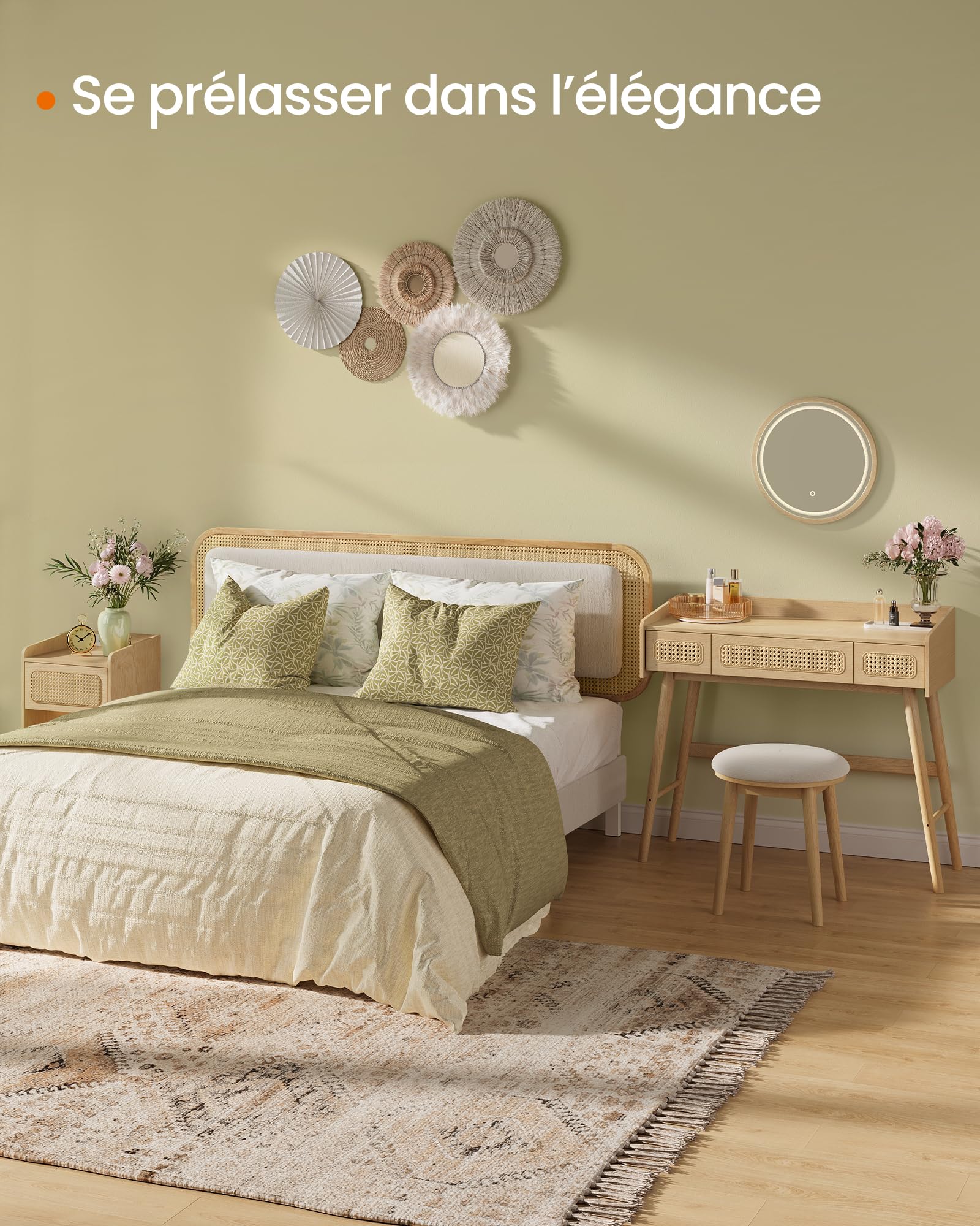 SONGMICS HOME BOHOVEN Collection - Tabouret Coiffeuse, Chaise Coiffeuse Ronde, Pieds Antidérapants, Style Bohème, pour Chambre, Coiffeuse, Blanc Crème et Beige Chêne