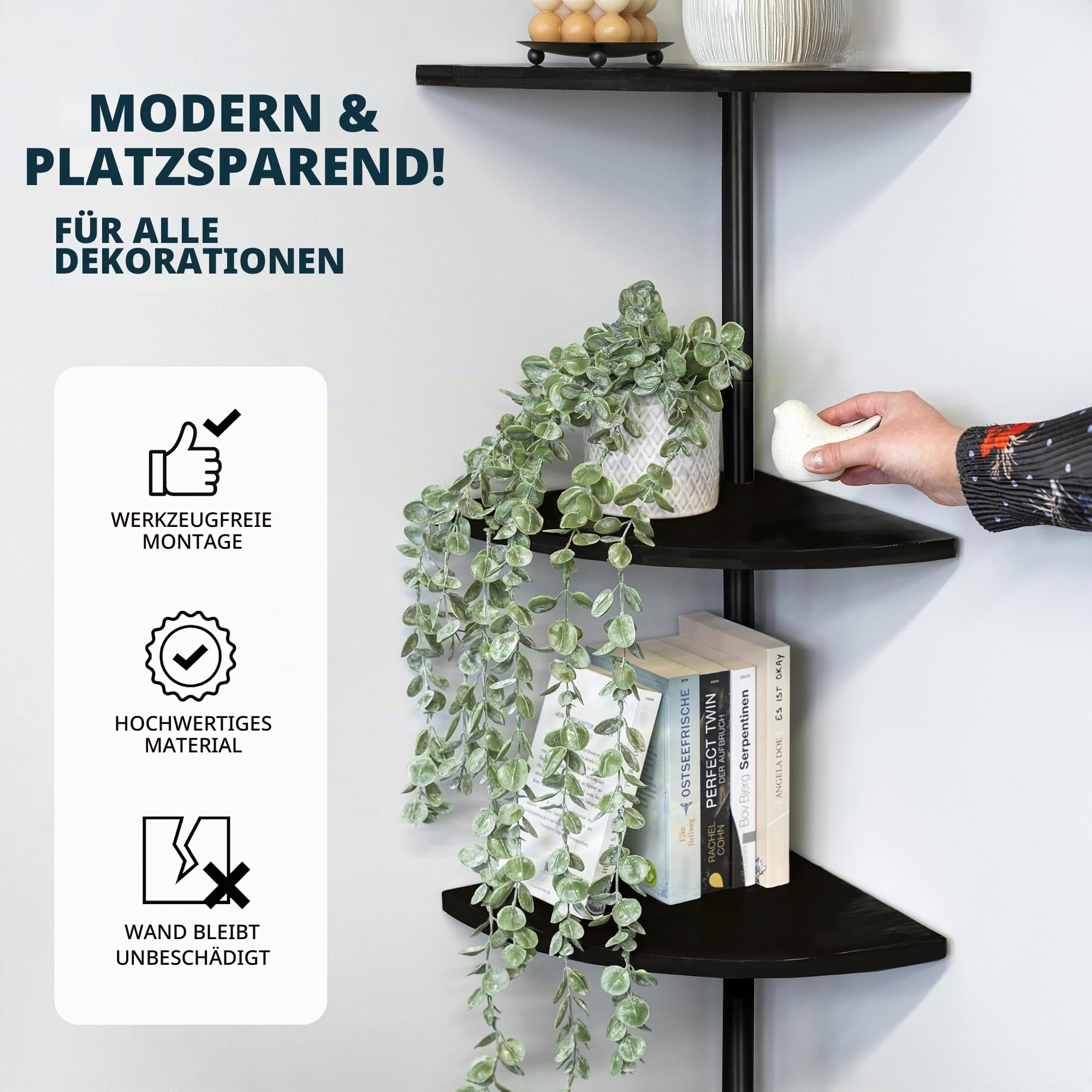 bremermann Teleskop-Wandeckregal mit 4 Ablageböden aus Bambus, vielseitig einsetzbar im Wohnzimmer, Flur, Bad, Büro oder Küche - Variable Einbauhöhe von 140 bis 290 cm (Komplett Schwarz)