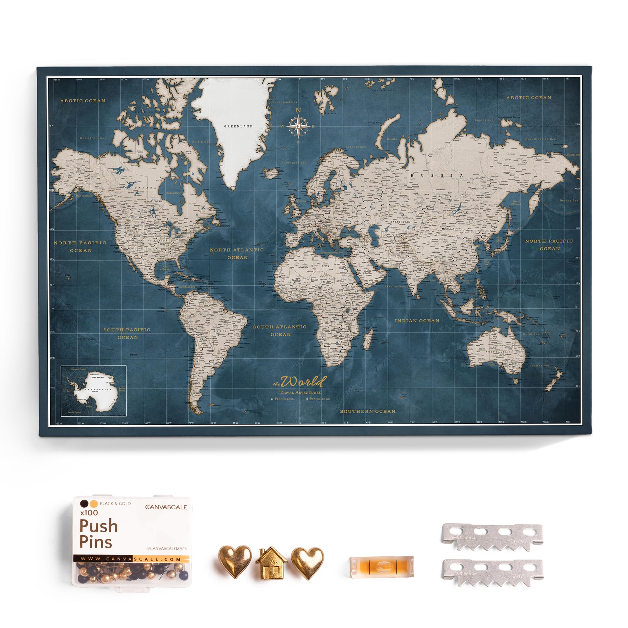 Canvas World Map with Cork Pin Board - English Lettering - Decorative Wall Decoration for All Rooms - Canvas Pictures with World Map Motif (120x80 cm, Pattern 19) โ image 1