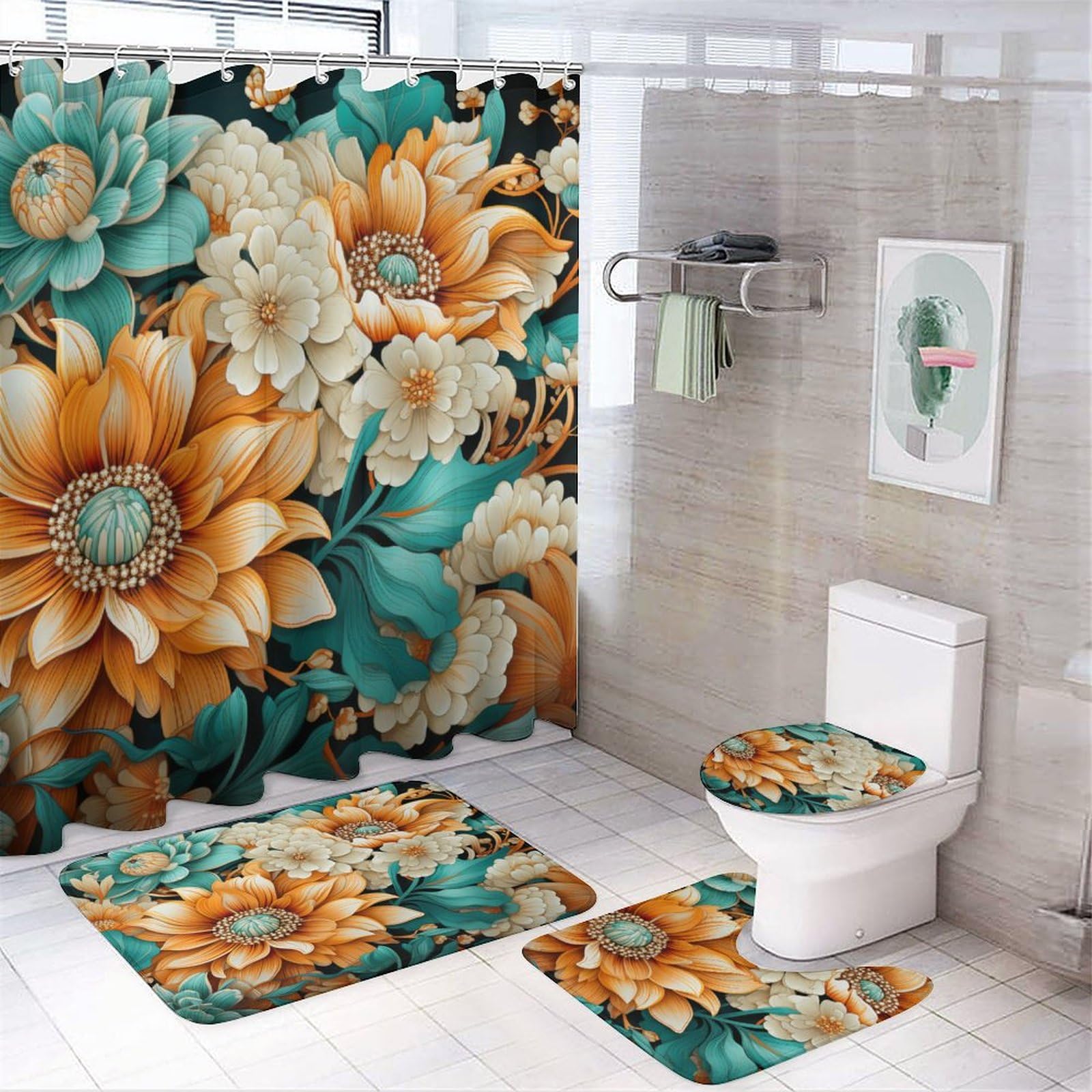 4 Piece Bathroom Rug Set with Shower Curtain Bathroom Shower Curtain Set with Rugs Garden Flower Teal Orange Waterproof Durable Bathroom Decor Shower Colorful Floral for Bathtub Decor