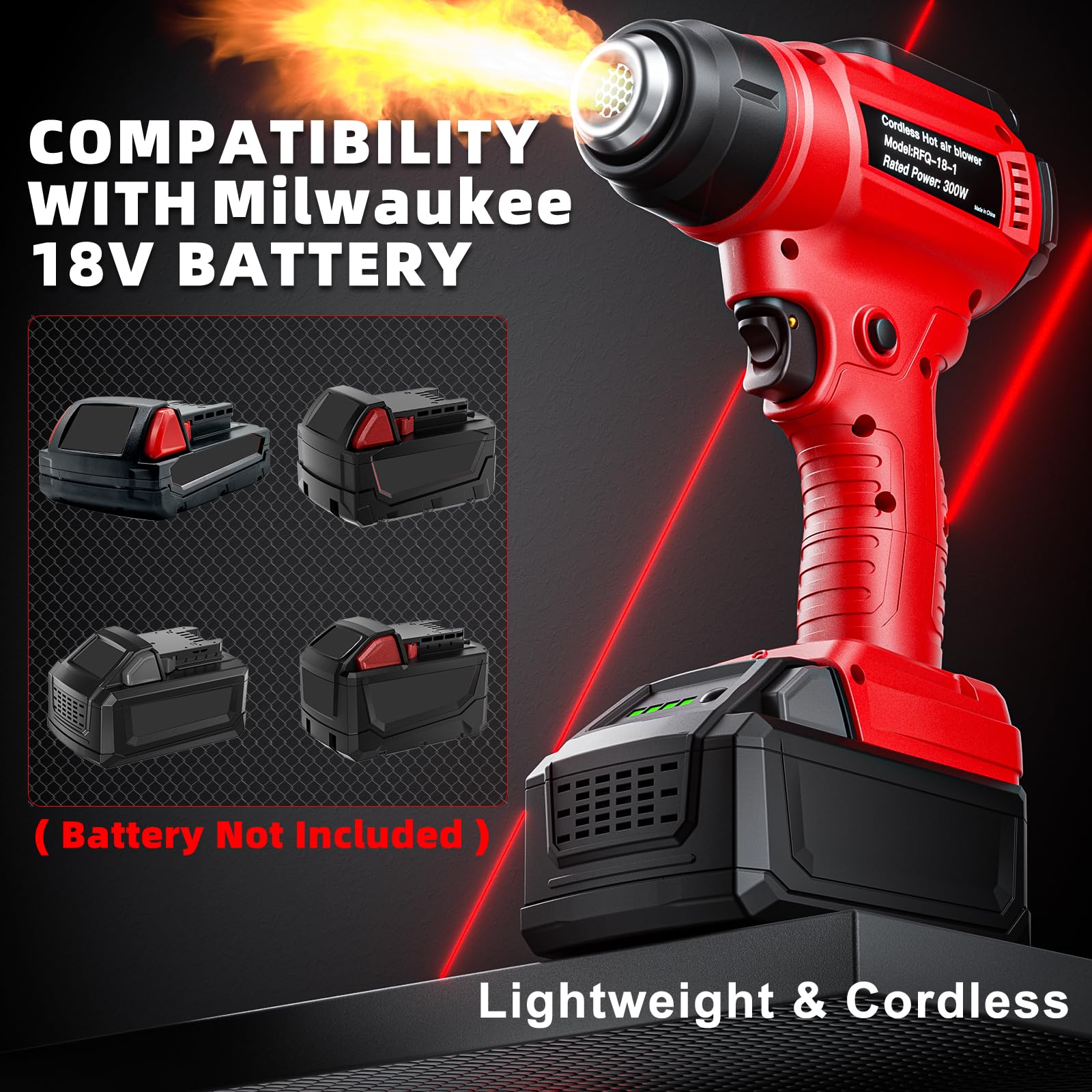 Pistola de calor inalámbrica para batería Milwaukee de 18 V 350 W 648.9 °C (550 °C) pistola de calor de soldadura, kit de pistola de aire caliente con control de temperatura variable con 4 boquillas y
