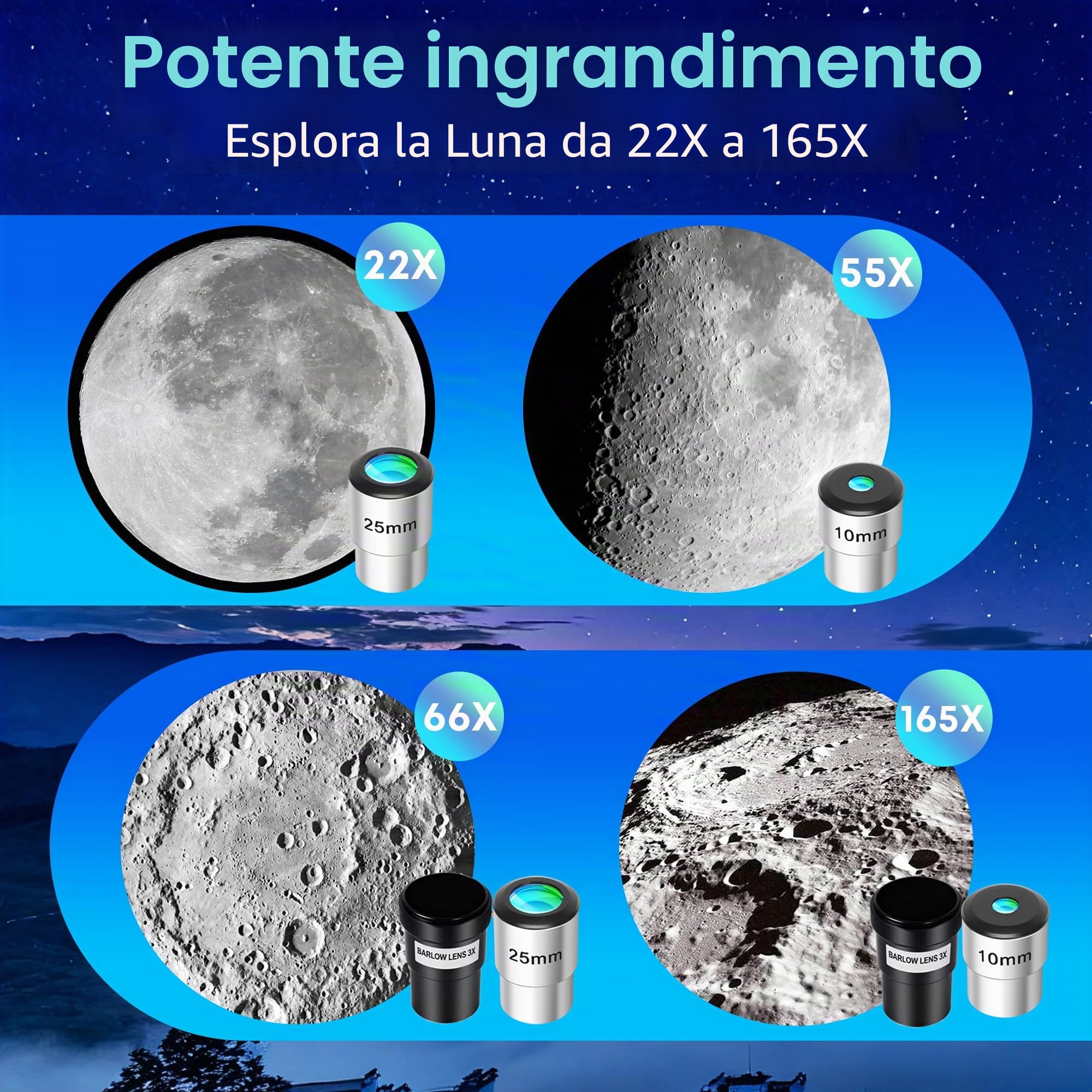 Telescopio Astronomico Professionale per Adulti Principianti, 90/550mm Telescopi Riffrattore(22X–165X) con Treppiede Regolabile Adesivi con Elementi Cosmici & Borsa da Trasporto