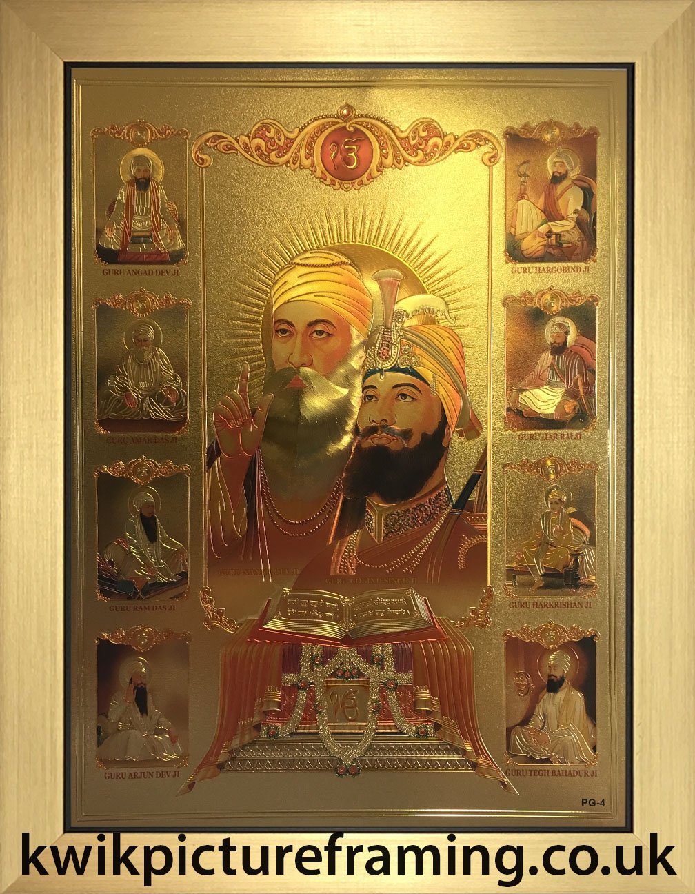 Kwik Picture Framing Ltd Gold Ten Sikh Gurus Picture Frame With Guru Granth Sahib | 12 X 8 Inch Sikh Religious Wall Art Display | Rectangular Wall Mount Frame | Made In Uk