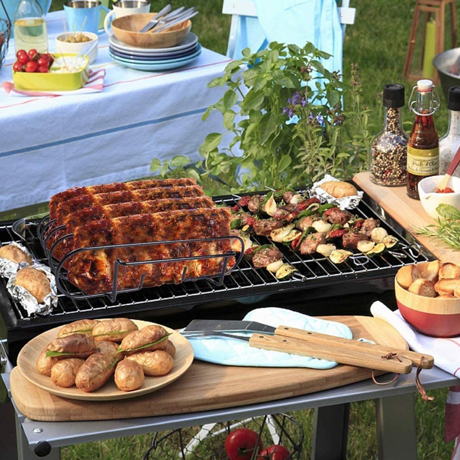 Stojak żeberkowy do grilla, nieprzywierający stojak do pieczenia steków, wielofunkcyjny nieprzywierający metalowy stojak na żeberka do grillowania na zewnątrz, mieści 5 stojaków żeberkowych