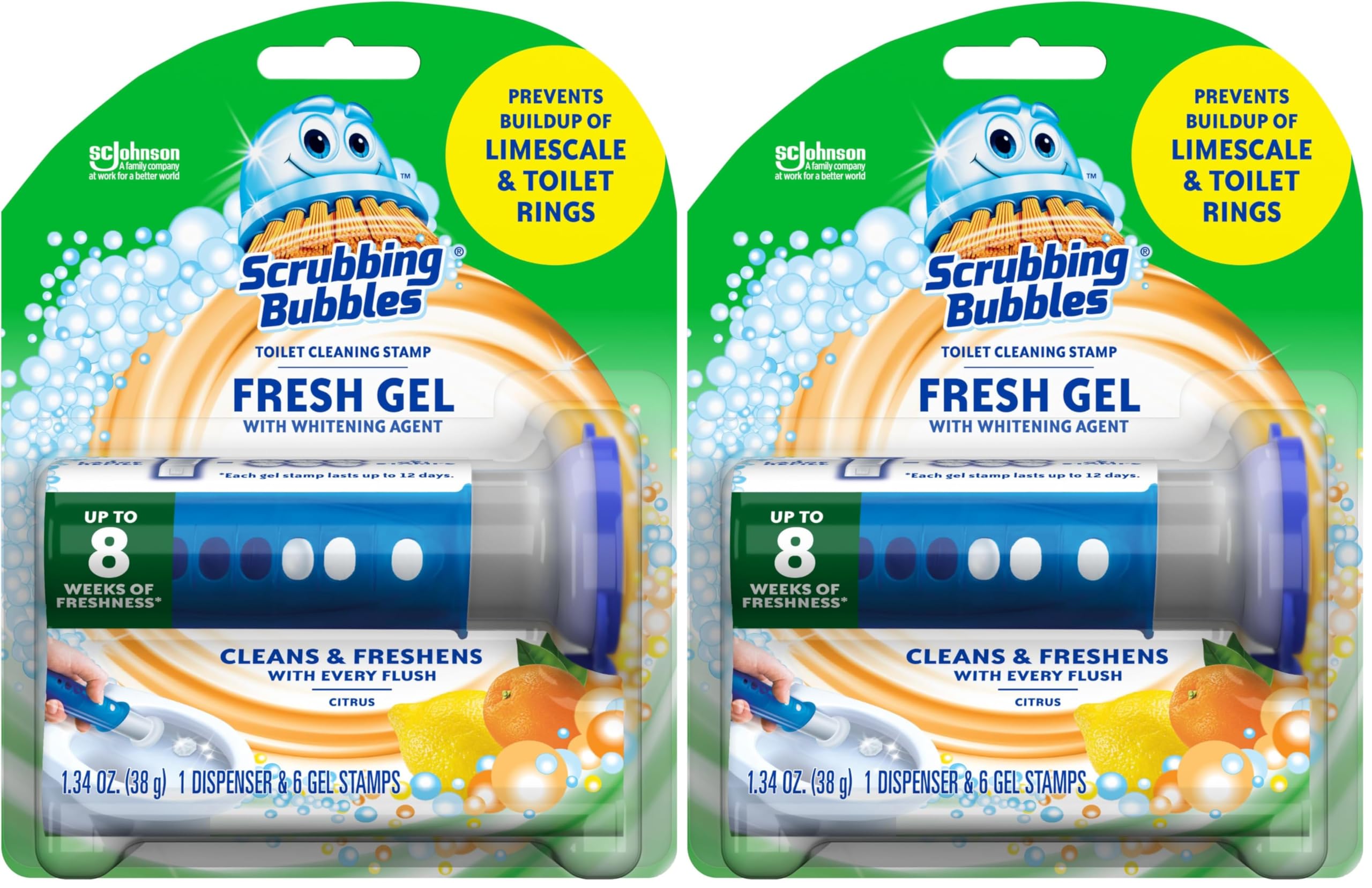 Scrubbing Bubbles Fresh Gel Toilet Bowl Cleaning Stamps, Helps Keep Toilet Clean and Helps Prevent Limescale &amp; Rings, Citrus Scent, 1 Dispenser with 6 Fresh Gel Stamps (Pack of 2)