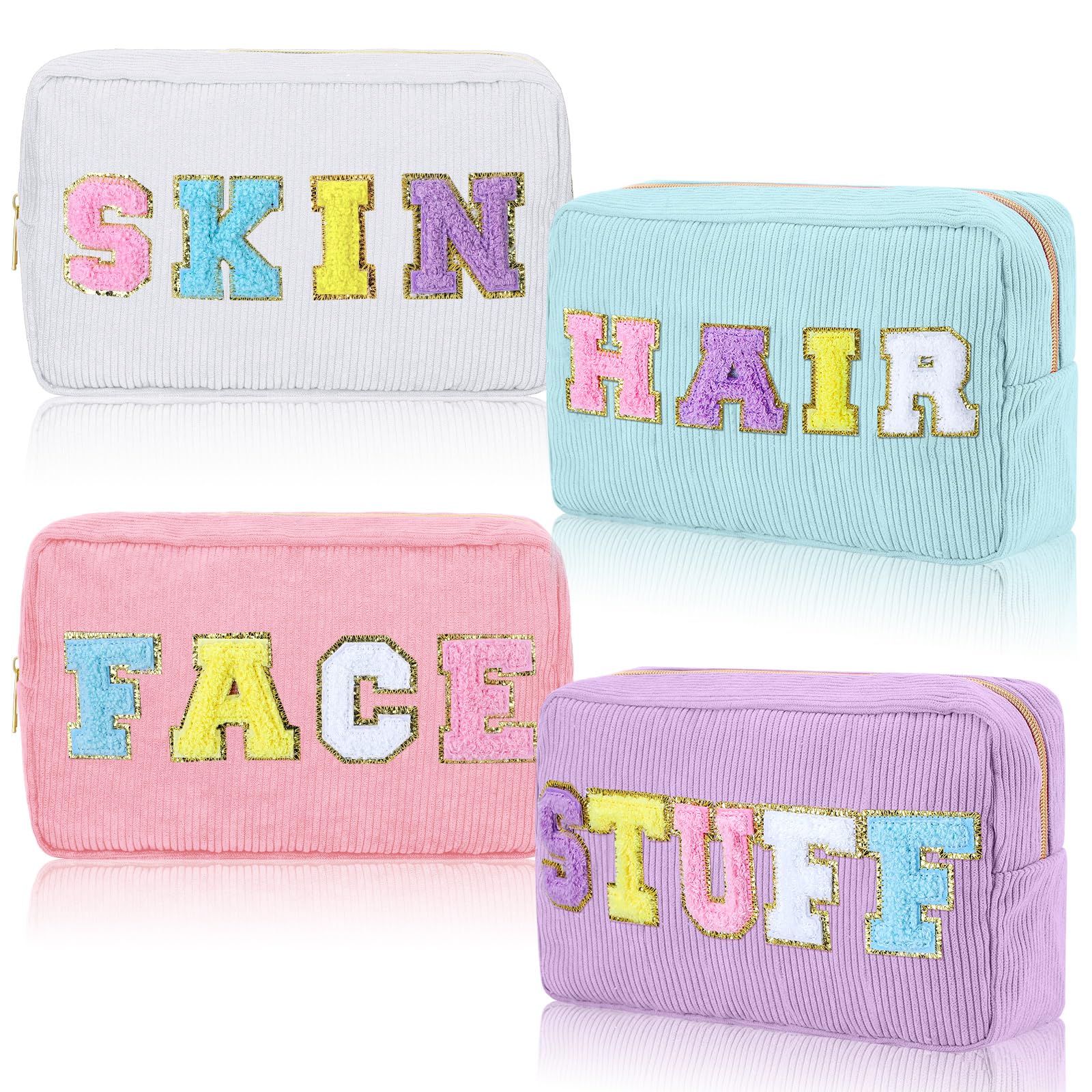 4 Pcs Preppy Makeup Bags Christmas Chenille Letter Bag Face Skin Hair Stuff Cosmetic Bag Corduroy Makeup Pouch with Zipper Birthday Gifts for Women