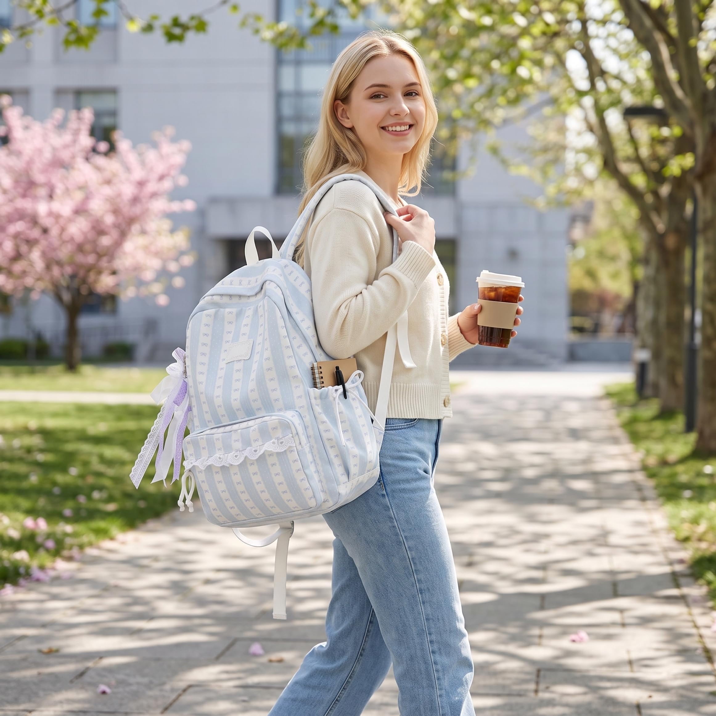Zaino Da Donna In Nylon A Pois, Borsa Y2K Carino Per Laptop Libri, Zaino Da Viaggio Legero E Capiente, Borsa In Nylon Impermeabile Con Multi Scomparti, Zainos Casual Per Tutti I Giorni(Bianco)