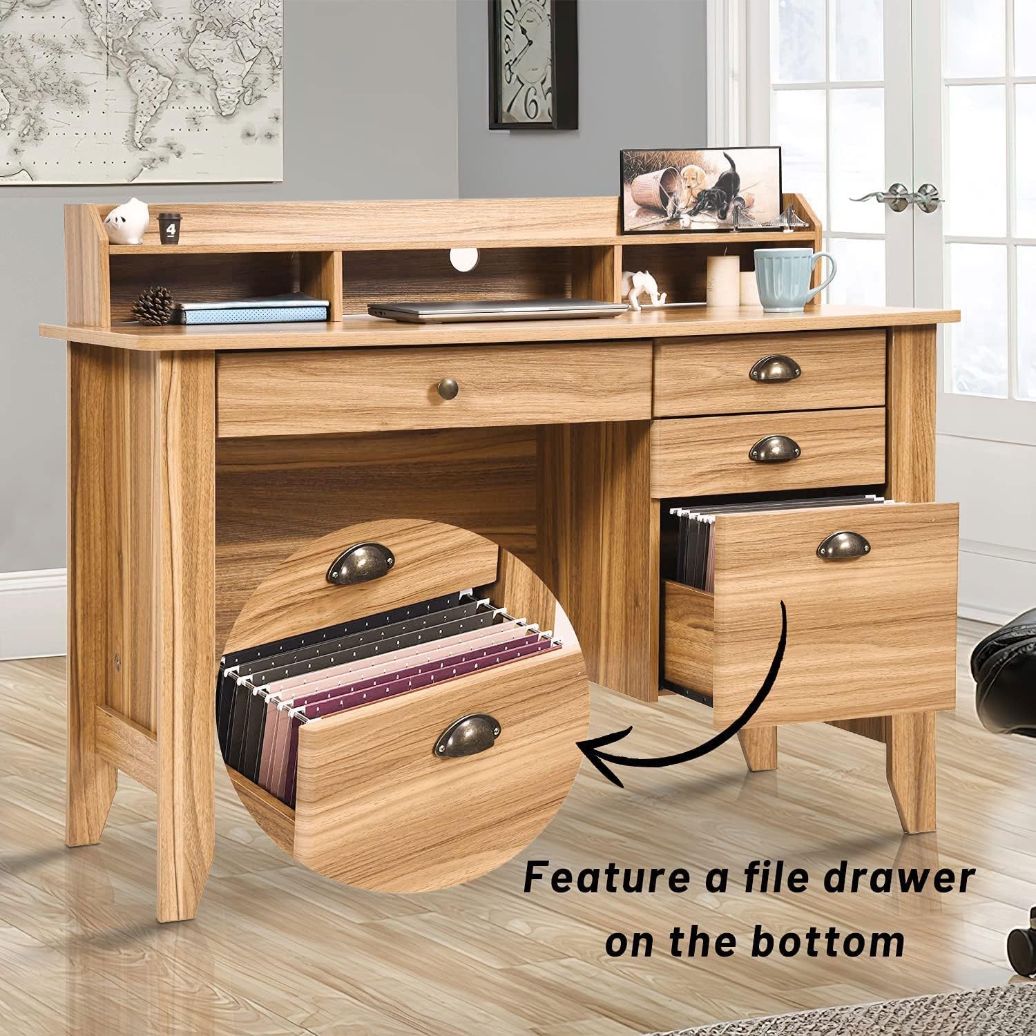 Catrimown Computer Desk with Drawers and Hutch, Farmhouse Home Office Desk with File Drawer,Student Girls Desks,Teens Writing Table, Small Computer Desk for Bedroom, Rustic Oak