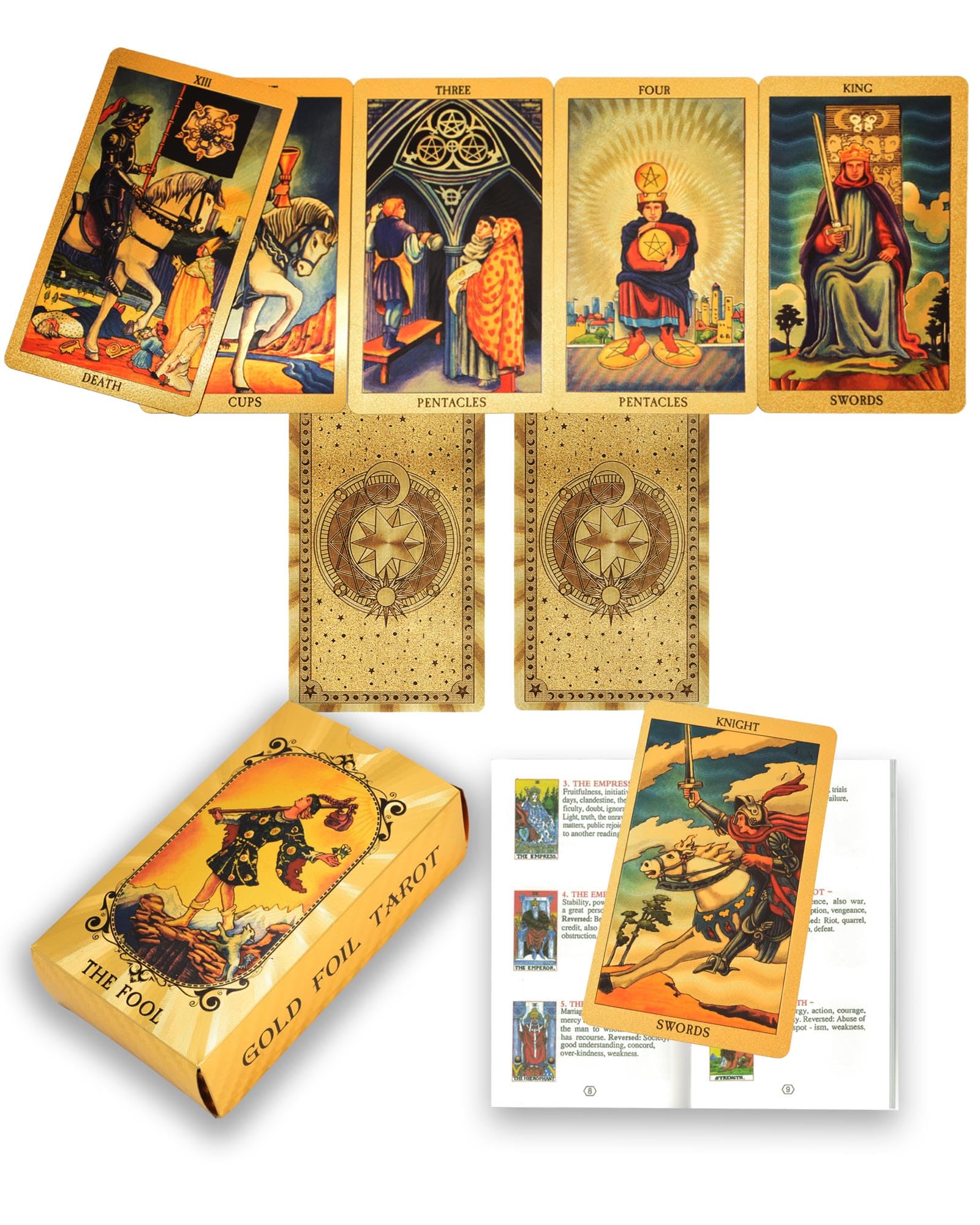 78 Piece Gold Foil Tarot Deck, Cards with 36 Page Guide Book, PVC, Waterproof & Anti-Wrinkle, Tarot Deck,Foil Tarot Cards Deck for Beginners Waterproof and Durable (Stars and Moon)