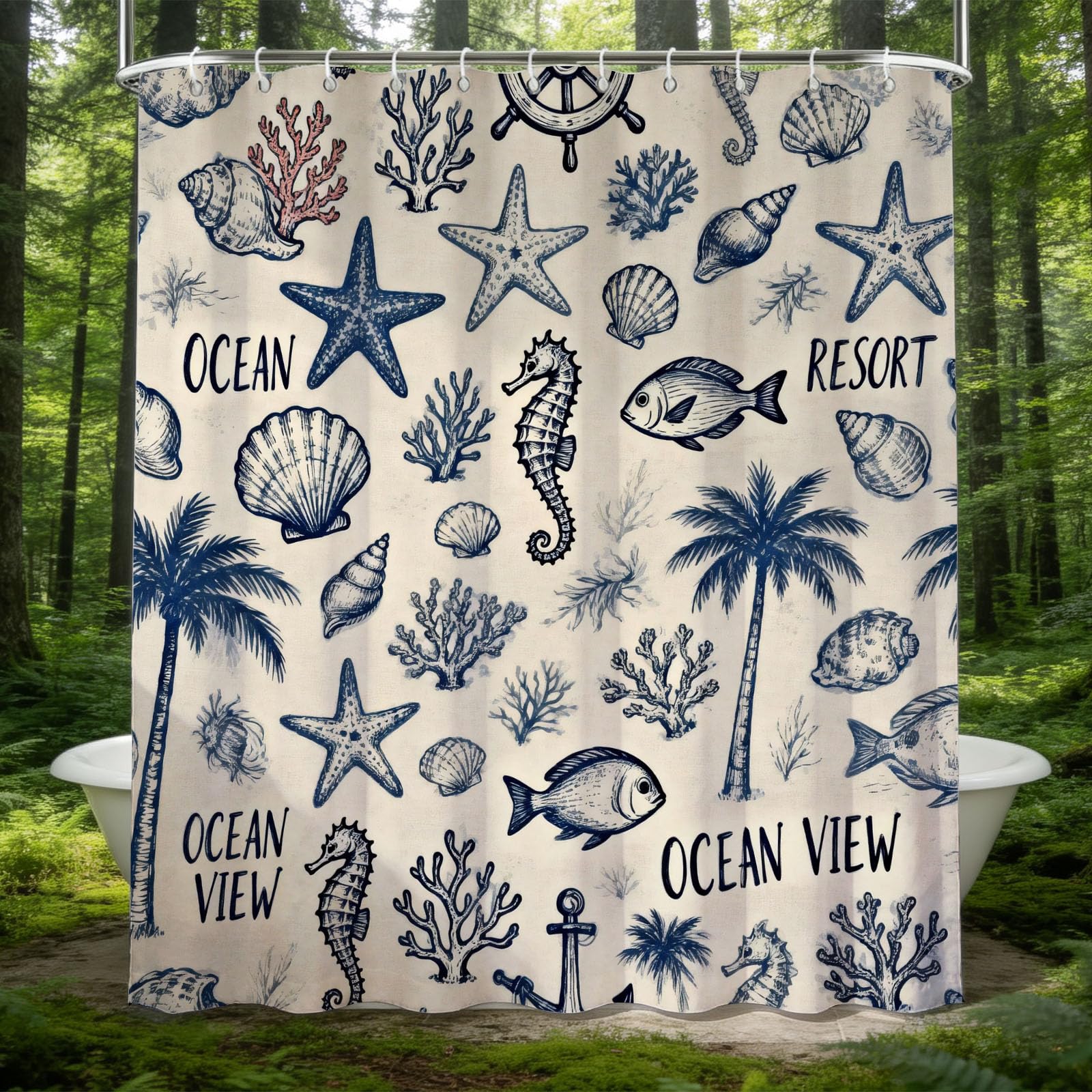 Hongduo 3D Ocean Shower Curtain for Stalls Bathtubs Starfish Bathroom Decor Shower Curtain Set Polyester Fabric Waterproof 180x200cm/71X79 Inch with Hooks