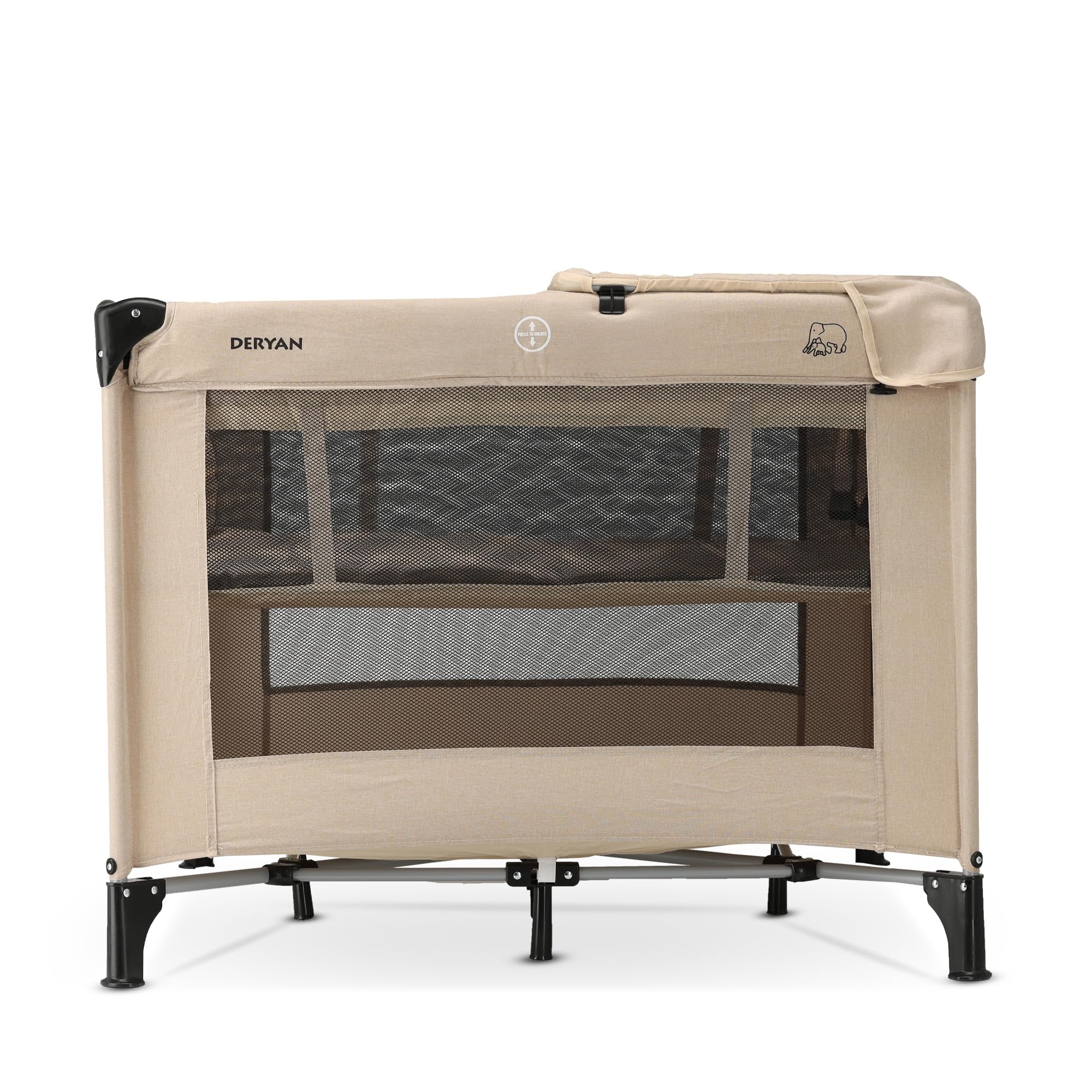 Deryan Baby-Reisebett mit Matratze, 0-5 Jahre (0-20 kg), Leichtgewicht 9 kg, Große Matratze, Seitliche Öffnung, Faltbares Design, Inklusive Tragetasche, 100 x 100 cm (Nougat)
