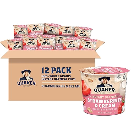 Quaker - Tazas de avena instantánea sabor fresa y crema, 12 unidades