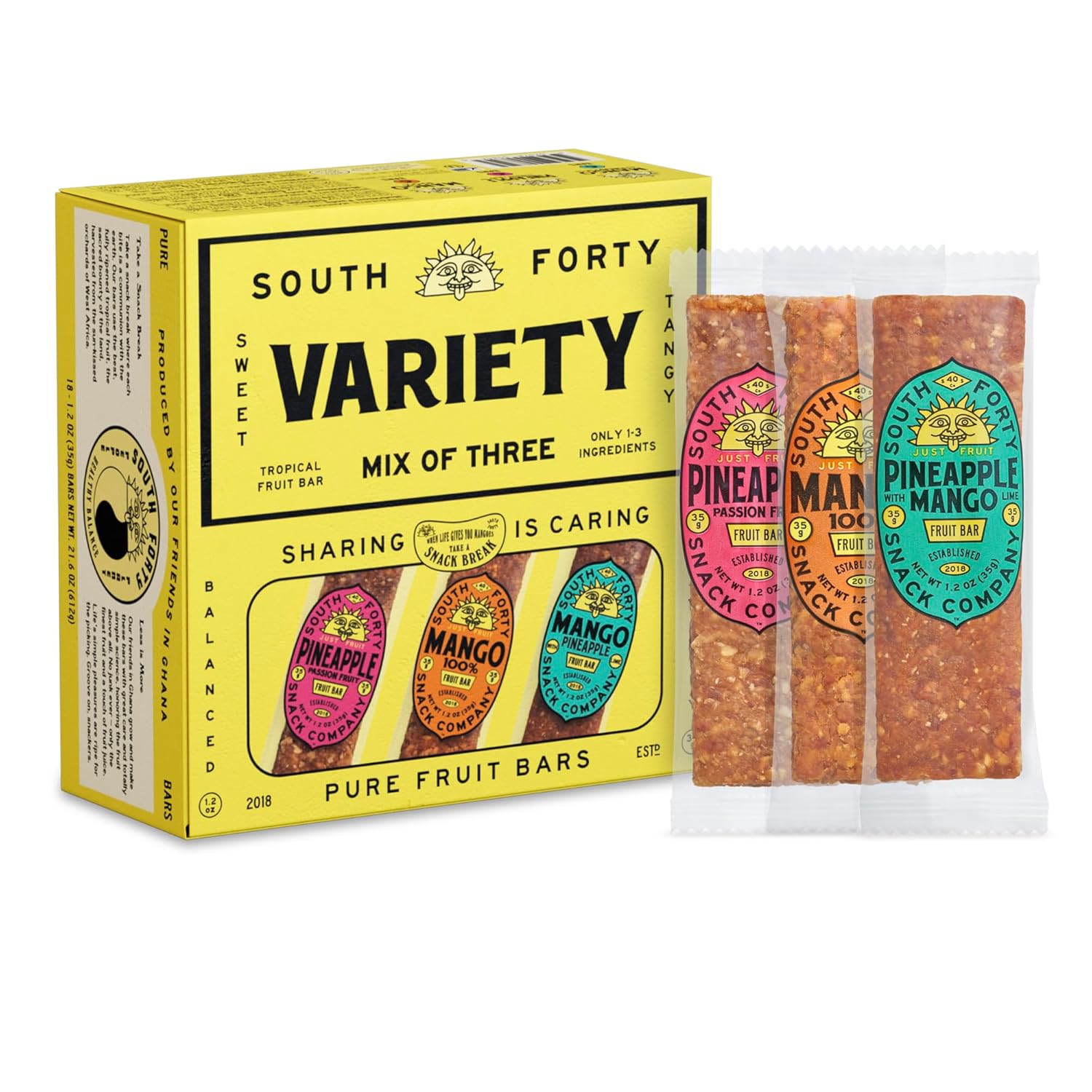 South 40 Snacks Premium Tropical Fruit Bars Mix of 3 Variety Pack, Just 1-3 ingredients, Mango, Pineapple Passionfruit, and Pineapple Mango Lime (35g Bar, Pack of 18)