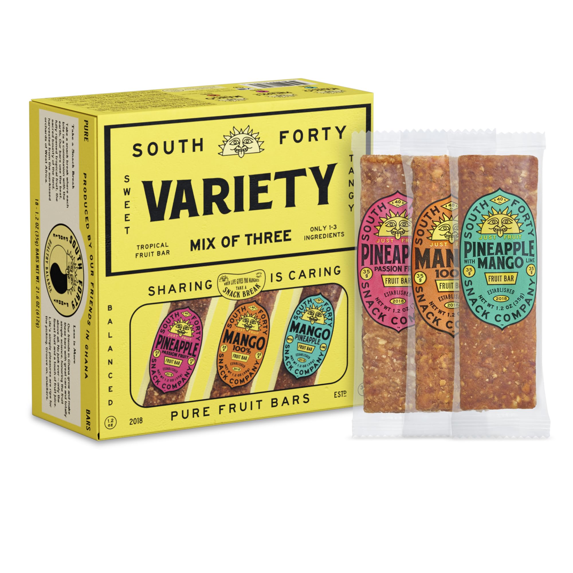South 40 Snacks Premium Tropical Fruit Bars Mix of 3 Variety Pack, Just 1-3 ingredients, Mango, Pineapple Passionfruit, and Pineapple Mango Lime (35g