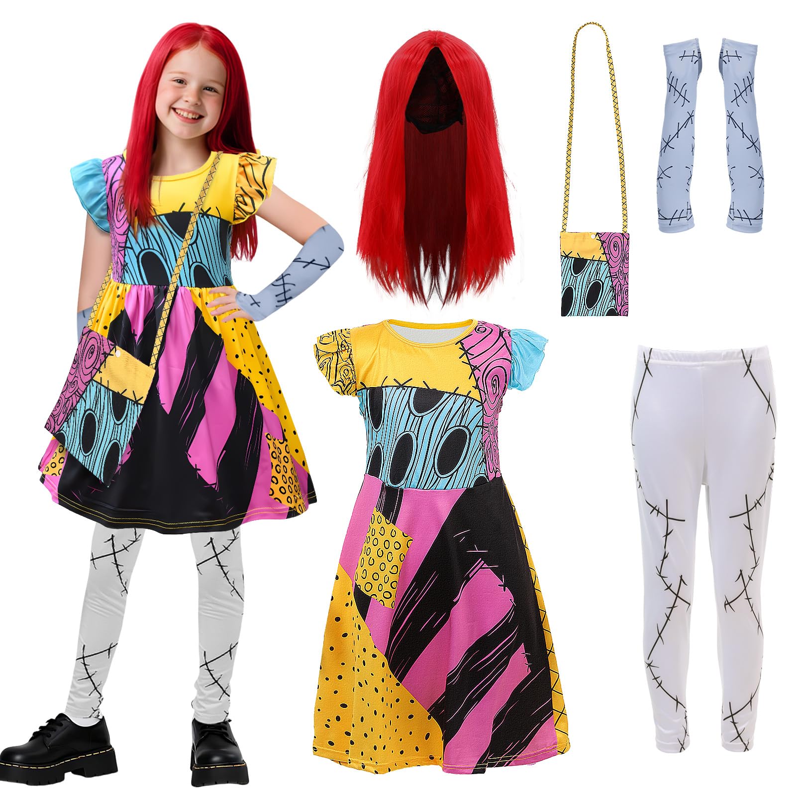 Sally Costume for Girls Sally Dress with Christmas Red Wig Arm Warmers Long Trousers Shoulder Bag Scary Horror Film Transformation as a Gift for Halloween Carnival Fancy Dress Party (110 cm)