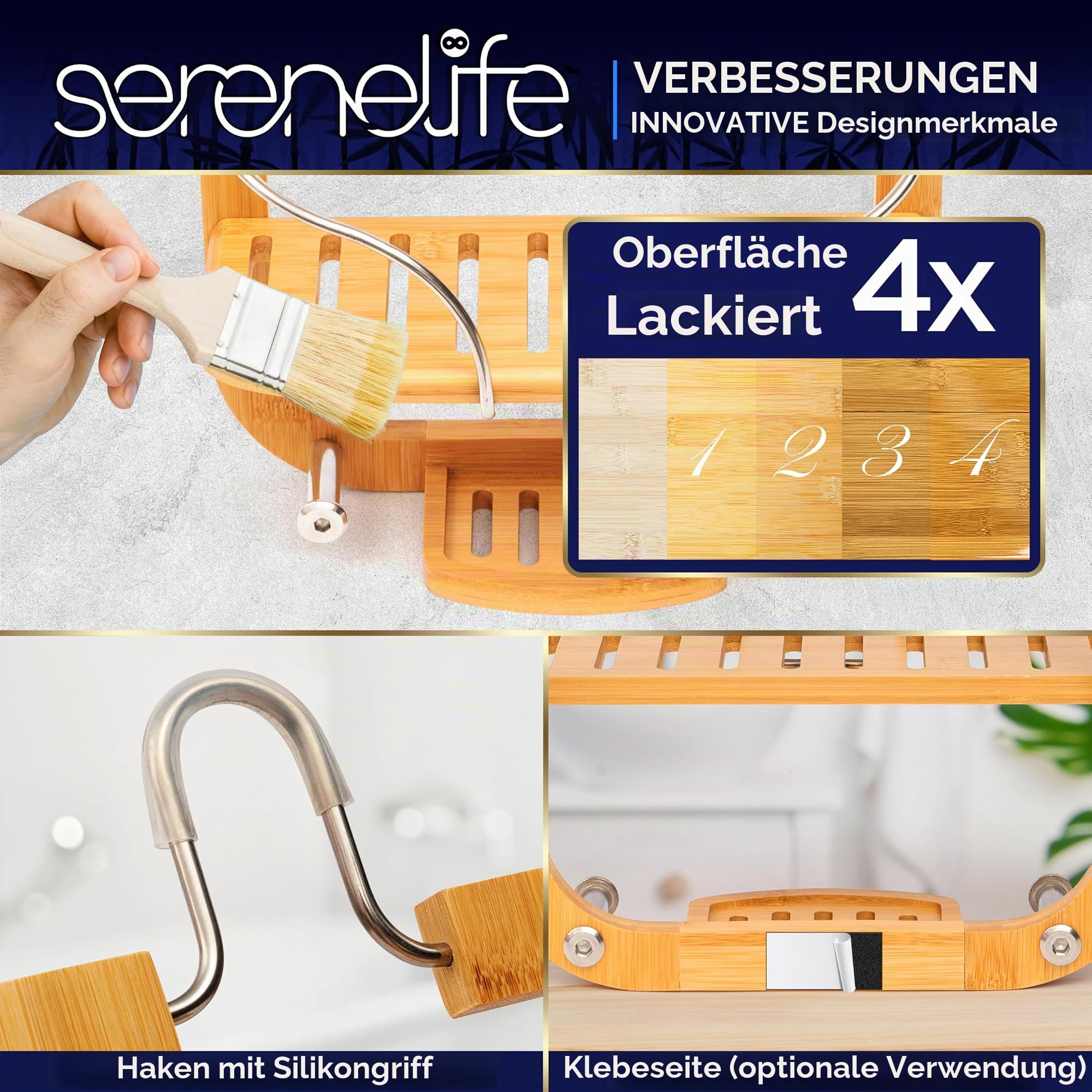 SereneLife Duschablage zum Hängen, Shampoo Halterung für Dusche aus Bambus, Duschregal ohne Boren, 3-stöckig Duschkorb zum Hängen, Hängeregal Bad mit 62.5cmH, Duschorganizer mit Lackierte Oberfläche