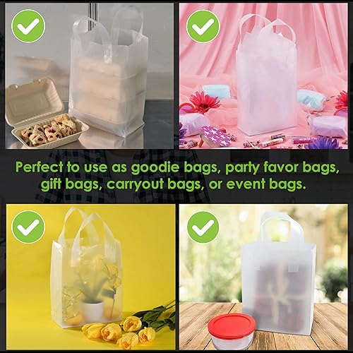 Miniatura 4 de Bolsas de plástico con asas paquete de 50 pequeñas bolsas de regalo blancas esmeriladas con fondo de cartón bolsas de compras transparentes a granel