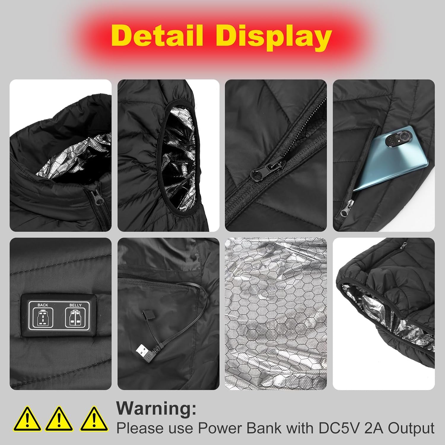 Heated Vest, USB Electric Vest with 11 Heated Zones, 3 Temperature Levels Warming Heated Jacket Coat for Men Women