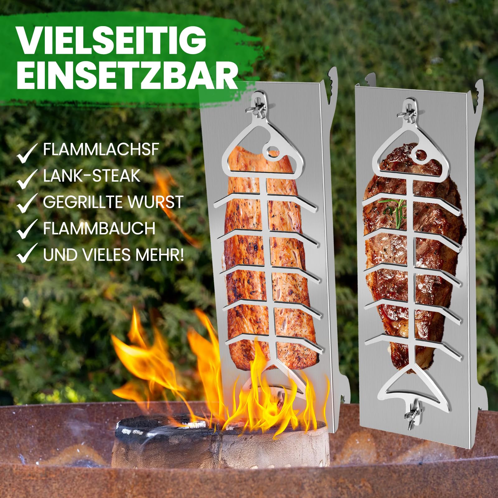 WUCHAITOO Flammlachsbrett Edelstahl|Extra Breit 17cm Flammlachshalter Passend Für Feuerschalen Und Grills Mit Wandstärke Bis Weniger Als 8mm, Perfekte Alternative Zum Flammlachsbrett