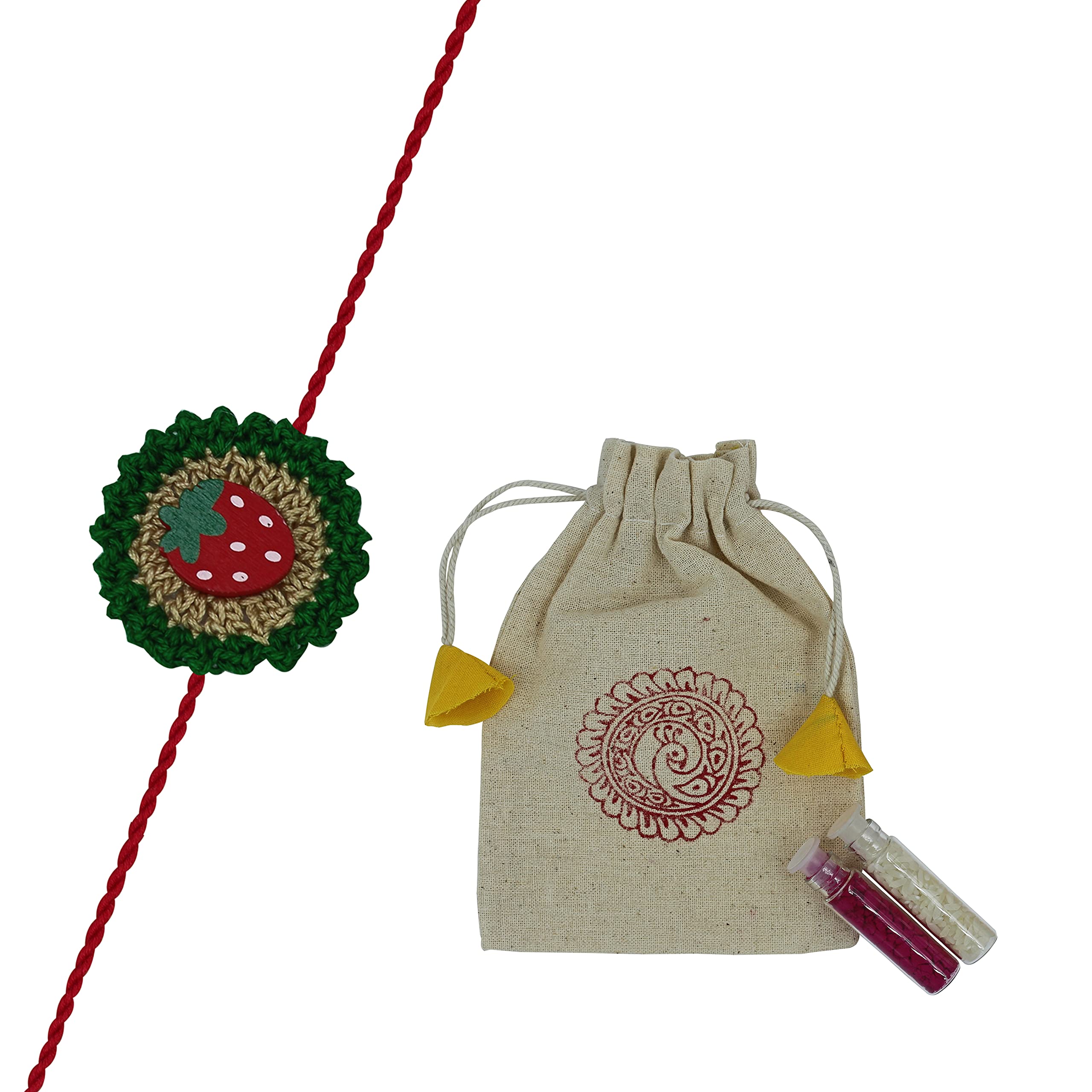 prapti handicrafts Handmade Crochet Strawberry Applique Detachable Badge pins rakhis for Kids with Roli Chawal