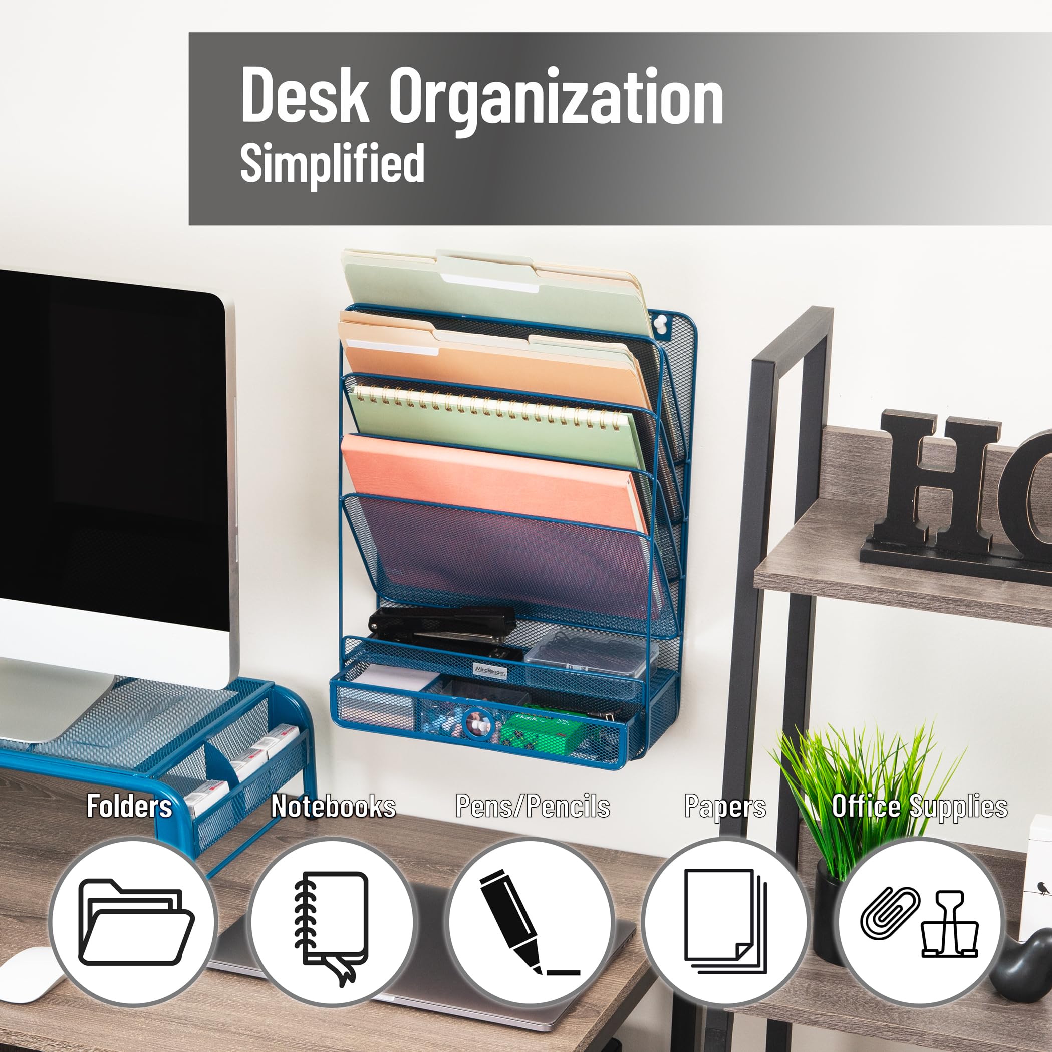 Mind Reader Organizer verticale a 4 livelli, organizer da scrivania, montaggio a parete, ufficio, rete metallica, 31,8 x 10,2 x 41,9 cm, turchese