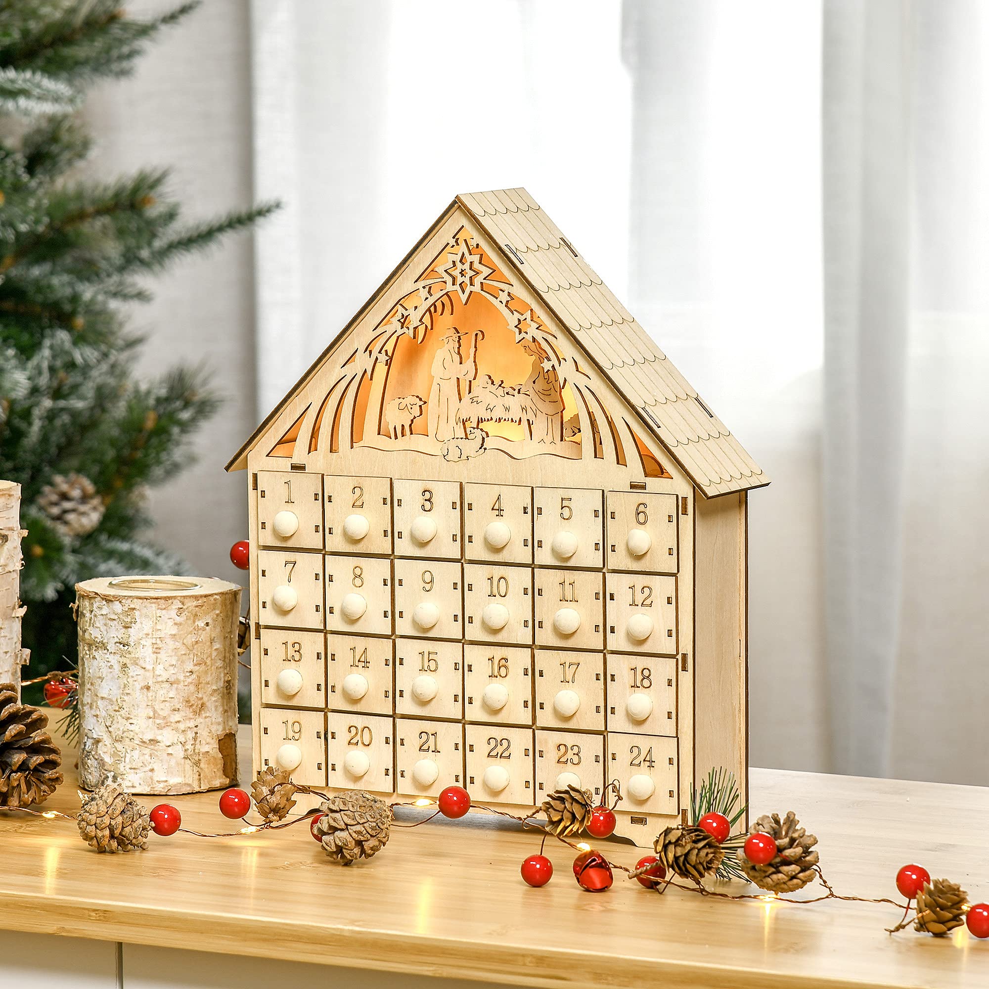 HOMCOM Calendario de Adviento Madera con Luces 24 Cajas Navidad 26,6x6x30 cm Natural