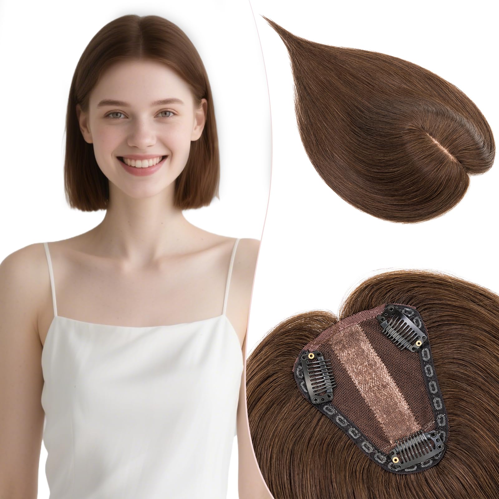 Silk-co Hair Topper Echthaar 30g, 8x10cm handgebunden Basis Toupet Damen, Clip in Haarteile mit Spitzen-Seidenbasis, kein Pony, 30cm #2R Helles Dunkelbraun