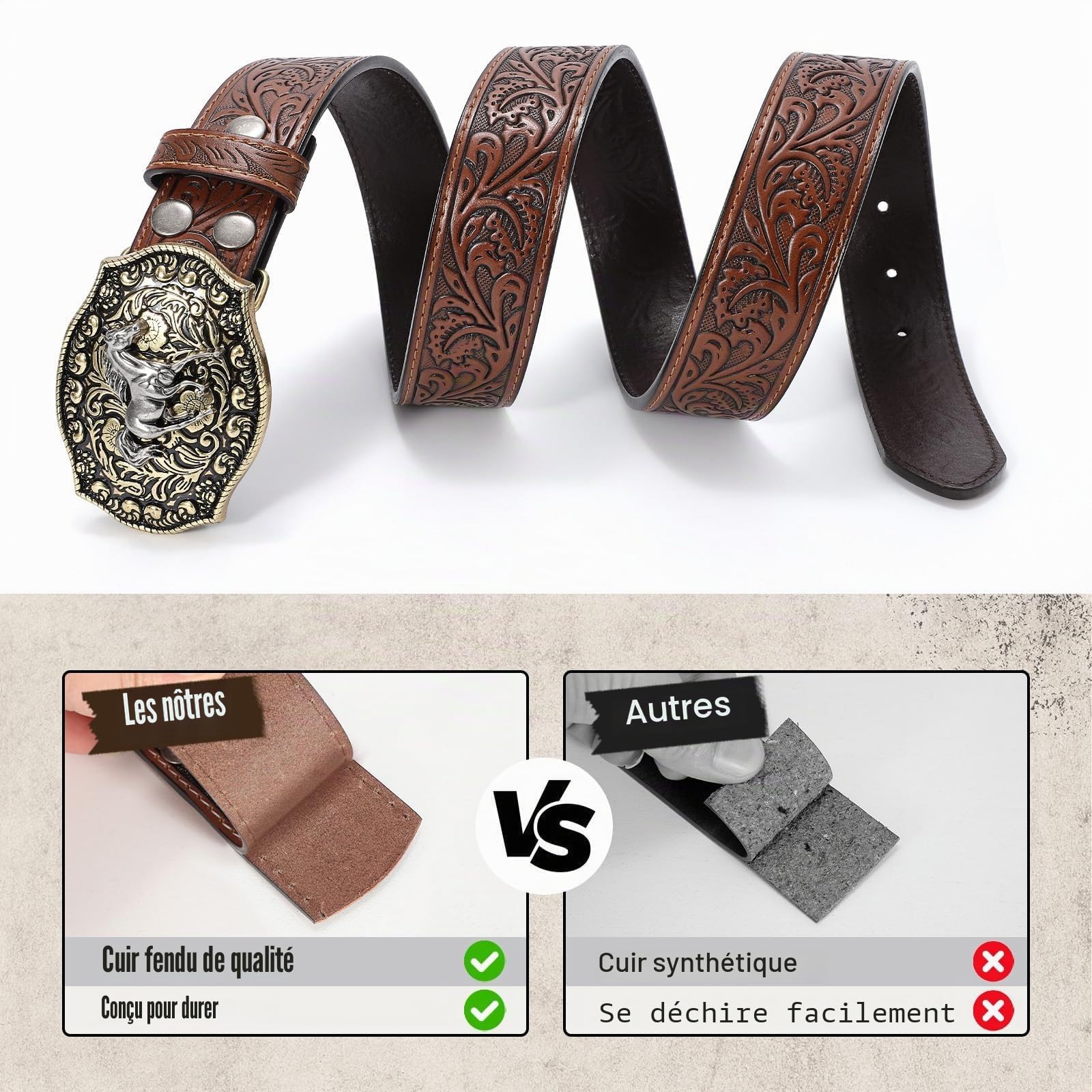 SANSTHS Ceintures de cowboy pour homme et femme - Ceinture à boucle occidentale en cuir gaufré pour jeans, cadeaux de Noël