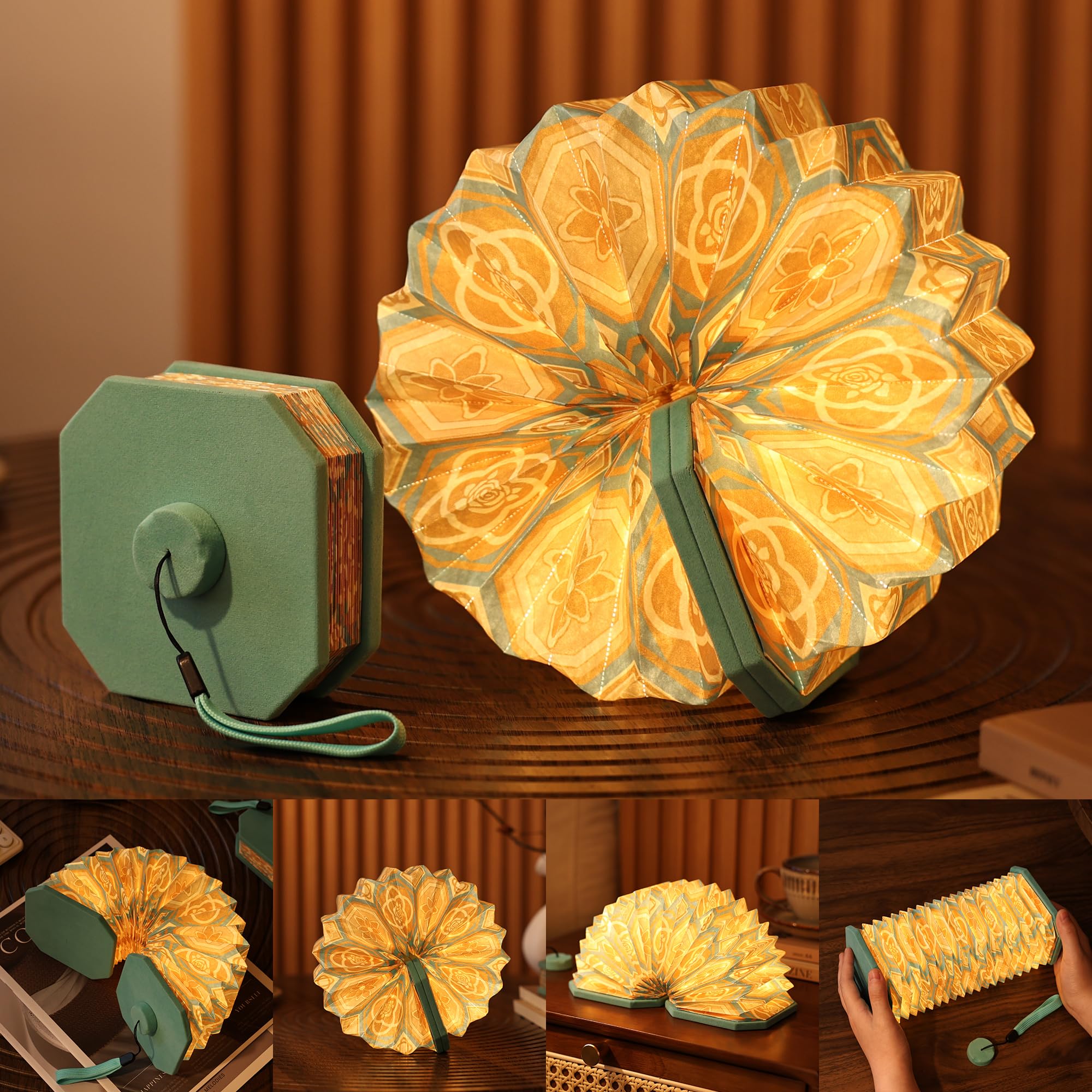 Ba suns Vintage Accordion Lamp - Touch Control 3 Color Changing, Soft Flannelette Cover with Printed Pages, Portable Bedside Table Desk Night Light, Decor Ambient Lighting for Home/Bedroom/Cafe-Blue