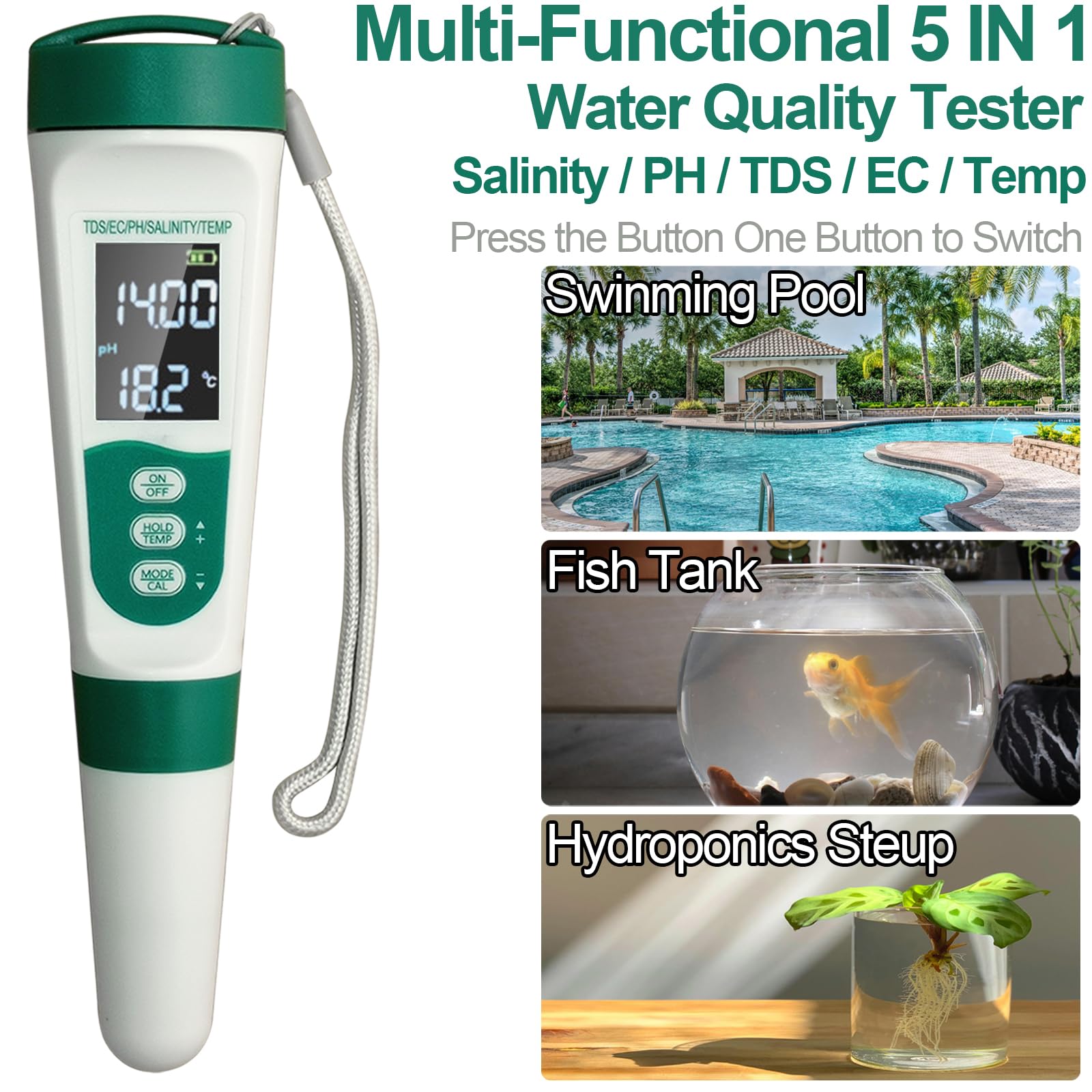 Display PH Meter Watter Tester 5 in 1, Funktionen: PH, TDS, EC, Salz, Temperatur, IP65 wasserdicht, hohe Genauigkeit mit 3 Kalibrierpulvern, für Salzwasserpool, Whirlpools, SPAs, Aquarium