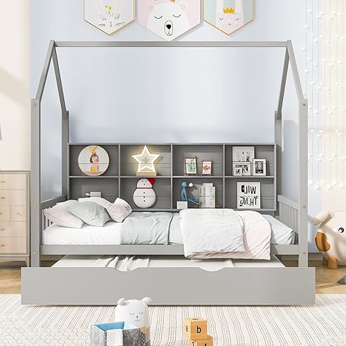 Miniatura 3 de Merax Sofá cama Montessori multifuncional de madera con nido y estante Storge cama de día bajo para niños y niñas no necesita somier color gris