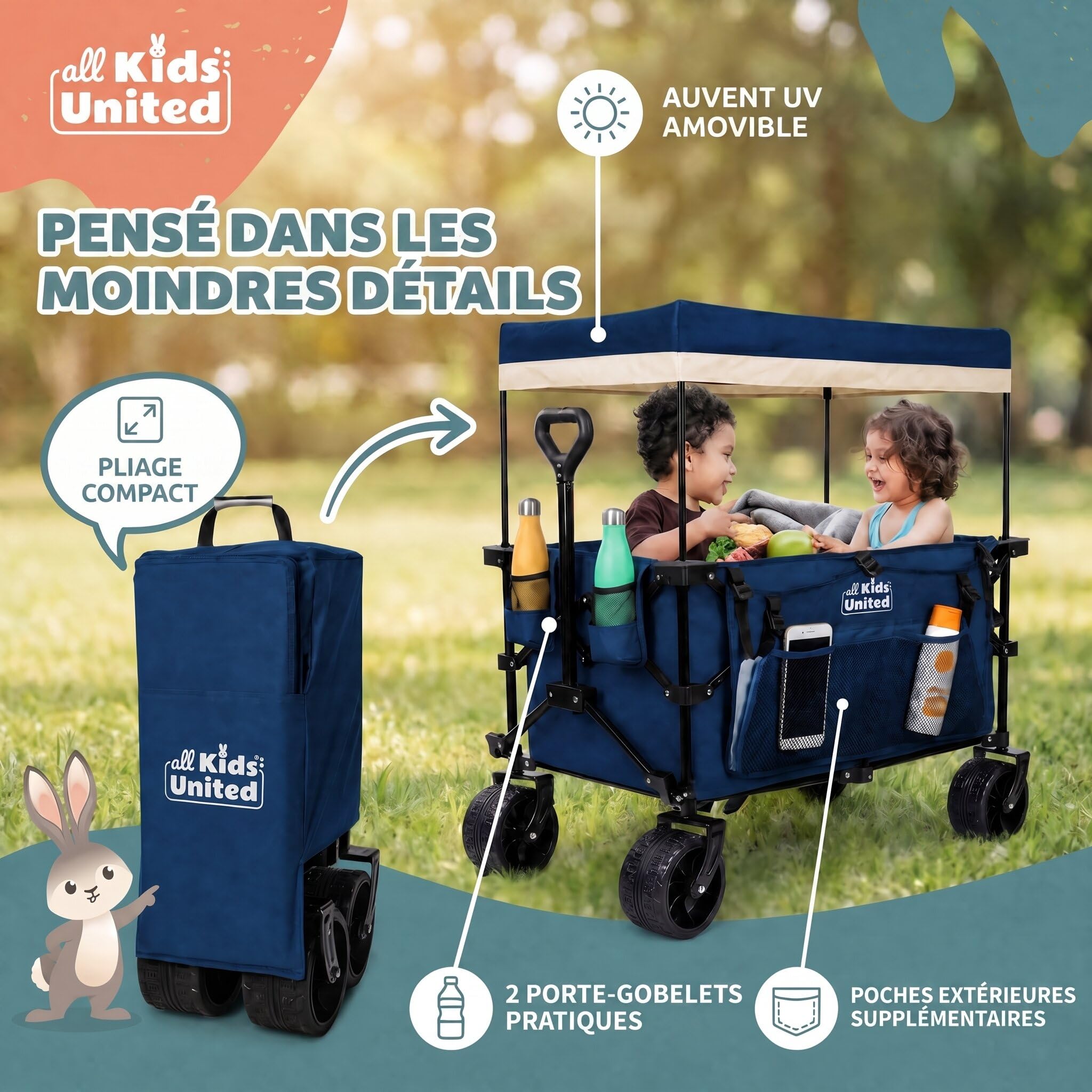 Chariot à Main de Transport Pliable; Buggy de Plage jusqu'à 90 L et 150 kg ; Roues XXL avec Frein ; Chariot de Camping pour Le Jardin et l'extérieur ; poignée réglable (Bleu)