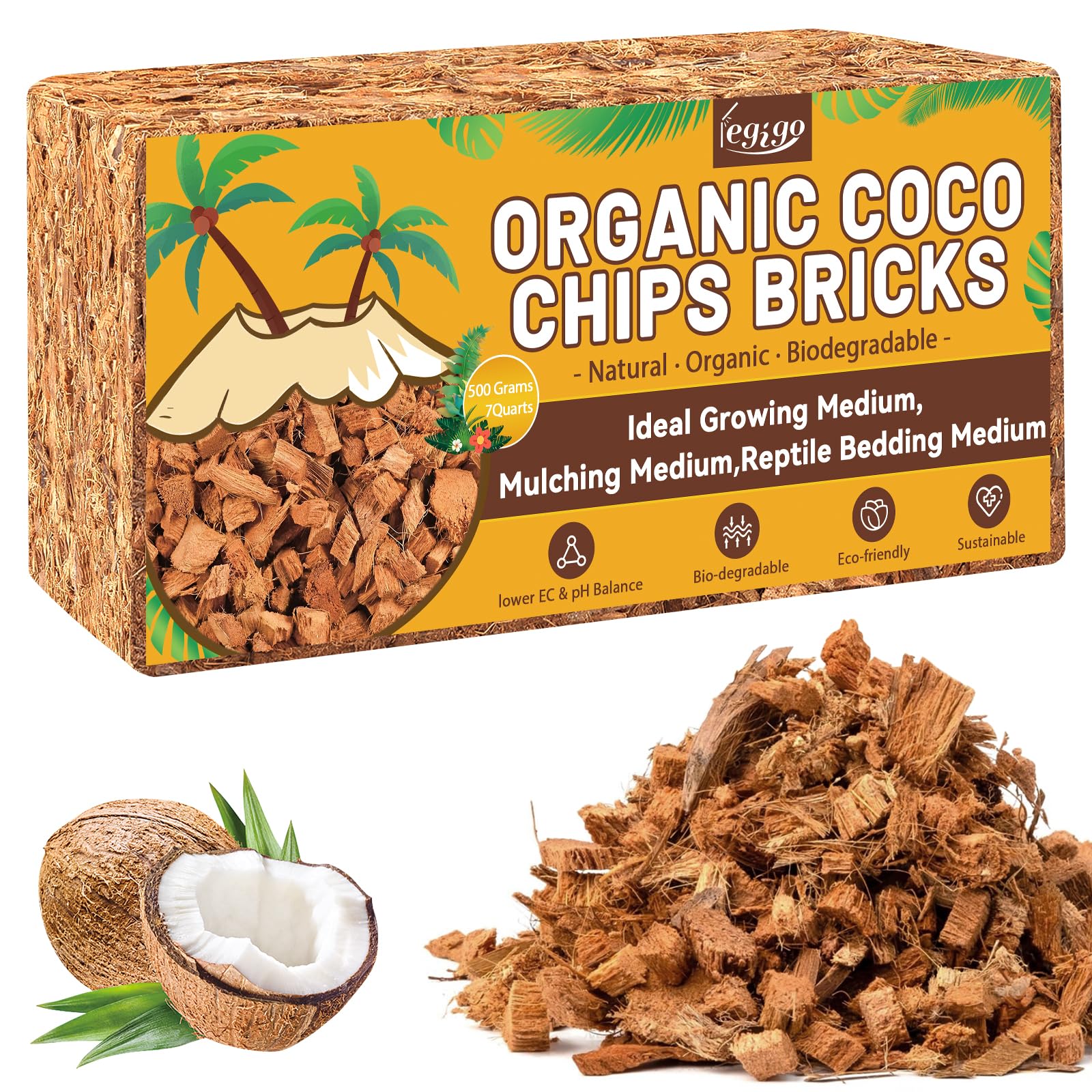 Legigo 1.1 LB Coco Coir Chips for Plants- 100% Organic Coconut Chips Brick Potting Mix with Low EC & PH Balance, Coconut Husk Substrate Coco Husk Mulch for Garden, Planting, Orchid and Soil Mix
