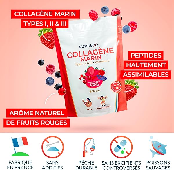 NUTRI & CO Collagene Marin Poudre Types 1, 2, 3 + Vitamine C, Breveté Naticol® & Cartydiss®, Peptides Hydrolysés 2000 DA, Format 30jrs 180g, Goût Fruits Rouges, Fabriqué en France - 4