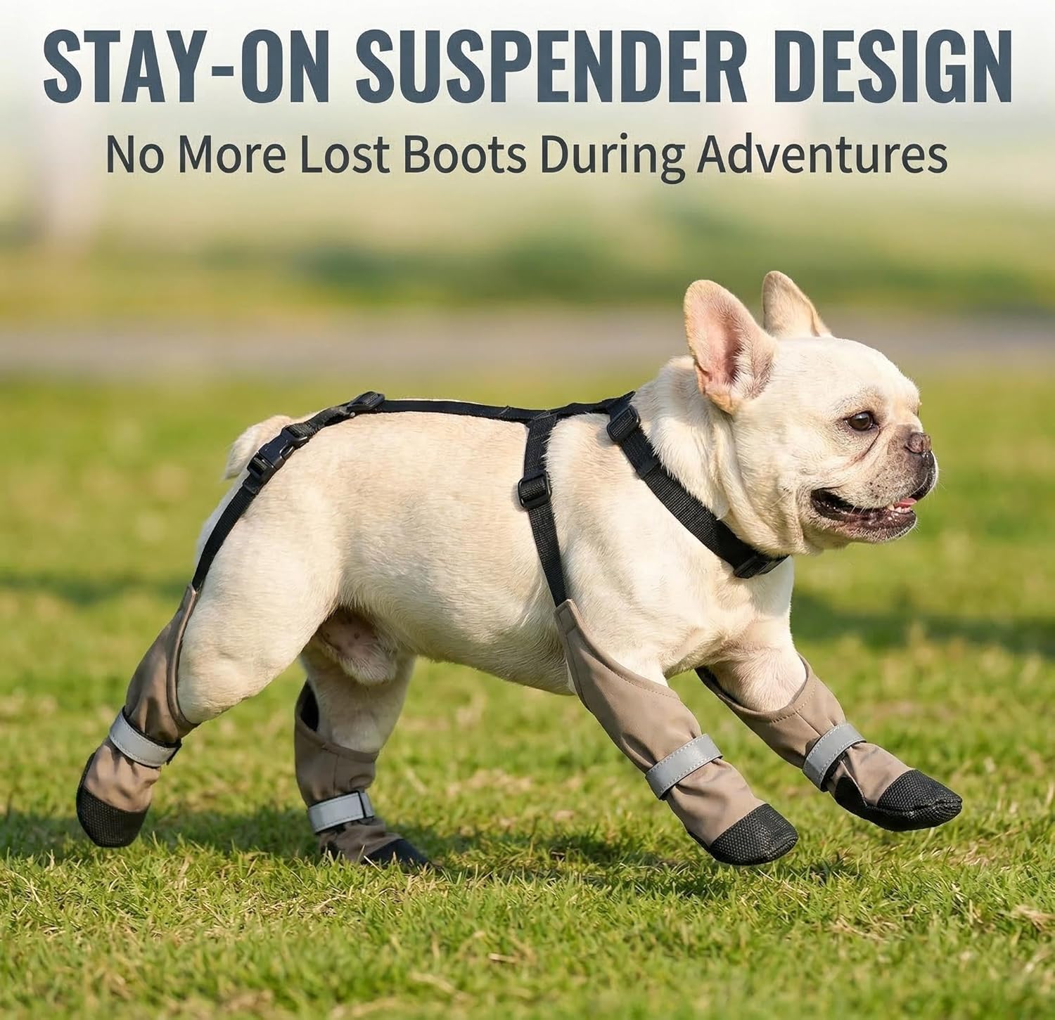 Waterproof Dog Suspender Boots - Reflective, Anti - Slip Dog Shoes with Adjustable Straps Stay - On Paw Protector for Outdoor Adventures in Rain & Snow (Khaki, XL)