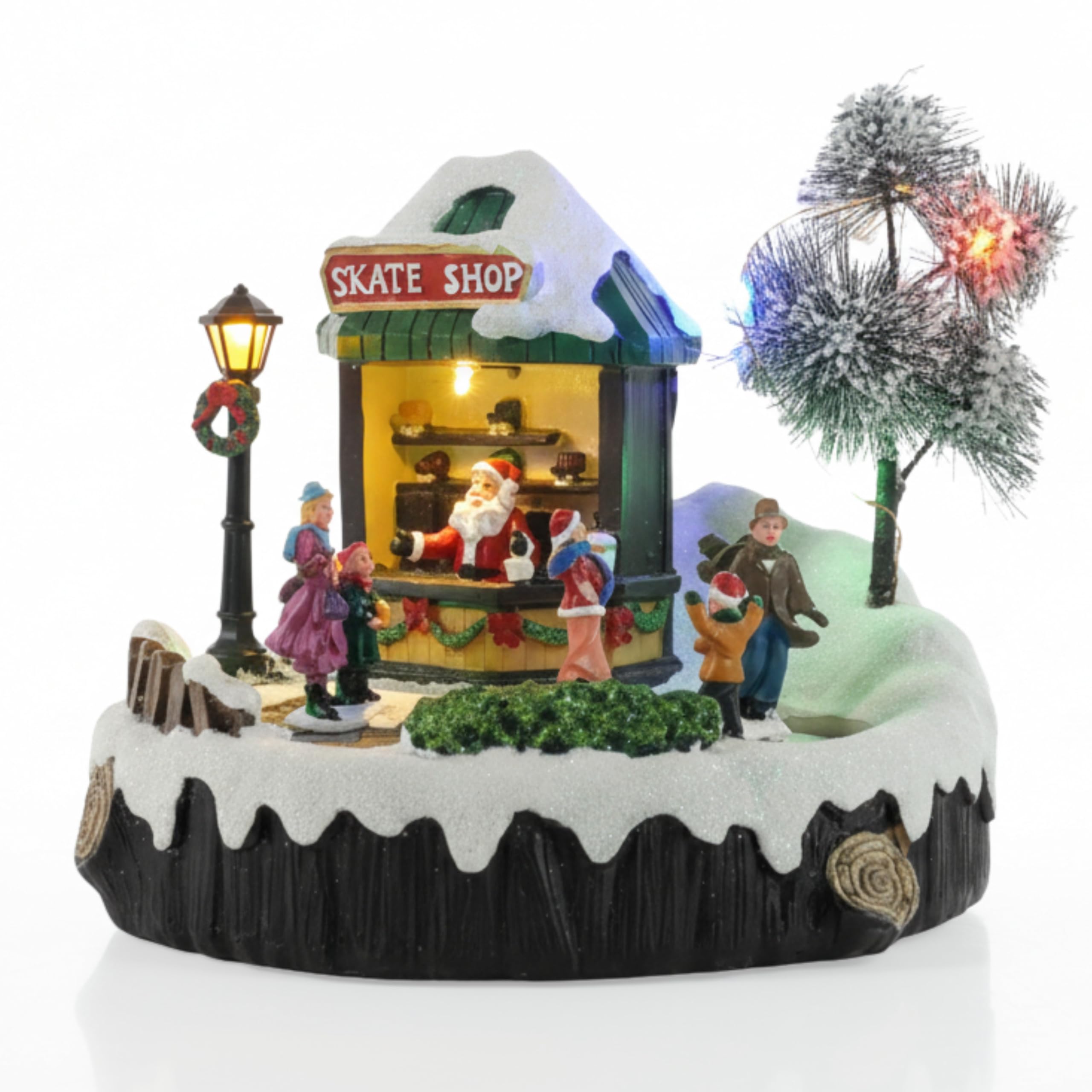 Tin Dreams Factory Brown And White Tin Dreams | Christmas Ice Skating Rink With Music Movement And Lights | Animated Christmas Scene With Skaters | Illuminated House For Xmas Village Villa Or Hamlet | Festive Home Decor