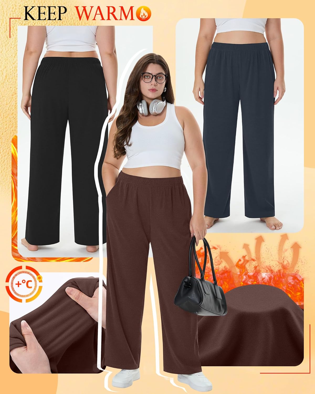 3 Pack Women's Plus Size Fleece Sweatpants Thermal Wide Leg Elastic Baggy Jogger Warm Pants Winter with Pockets - Image 5