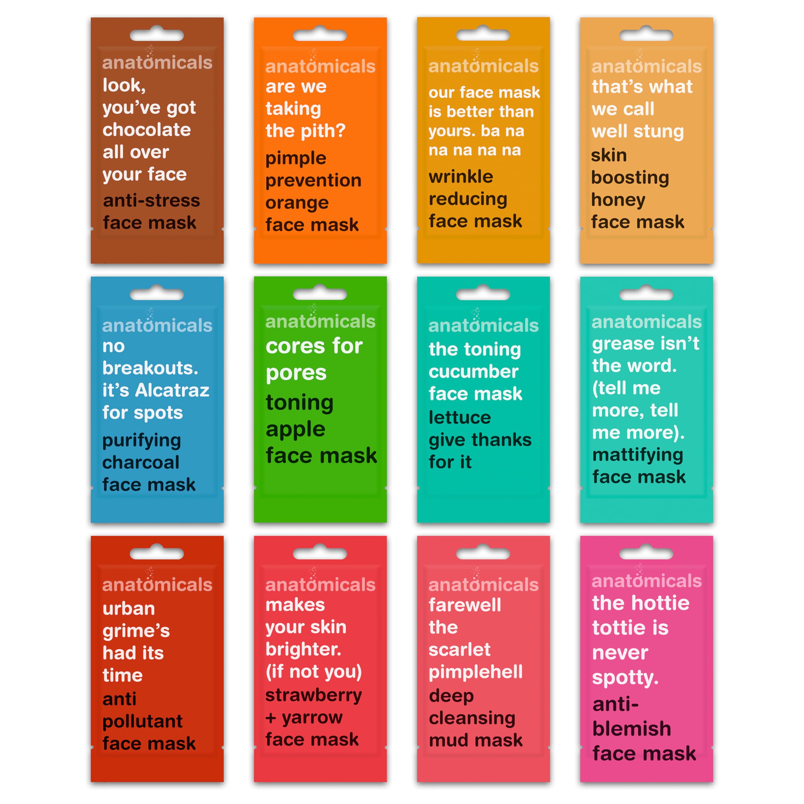 Anatomicals 12-Pack Face Mask Skincare Set, Hydrating, Brightening, Anti-Acne & Clay Masks for Women & Men, Deep Cleansing - Image 2