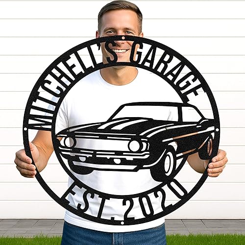 Miniatura 39 de Letrero de taller de garaje personalizado para hombres, arte de pared de metal con nombre personalizado para cobertizo mecánico, decoración rústica