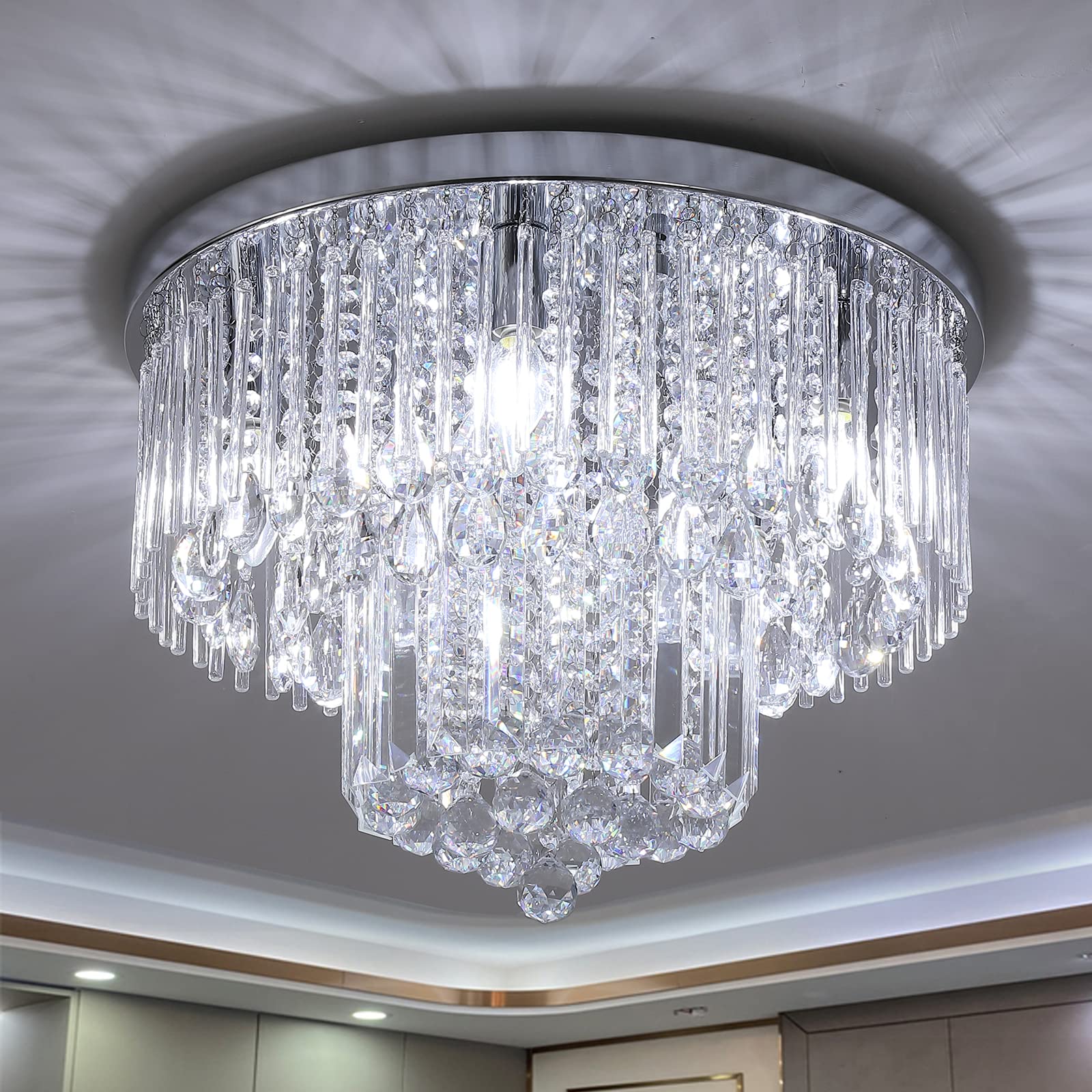 Photo 1 of **UNTESTED**
KRASTY Gold Crystal Chandelier Flush Mount Ceiling Light, 5 Lights Modern Round, K9 Crystal Raindrop Chandelier Light Fixtures for Hallway Bedroom, Living Room, Dining Room, H12 x D18