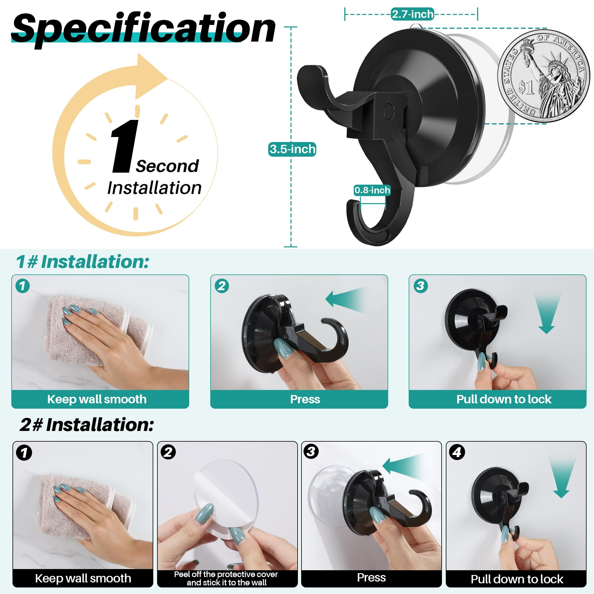 5 Pack Suction Cup Hooks Black Suction Cup Wreath Hanger with Adhesive Suction Tab Wreath Holder for Spring — view 6