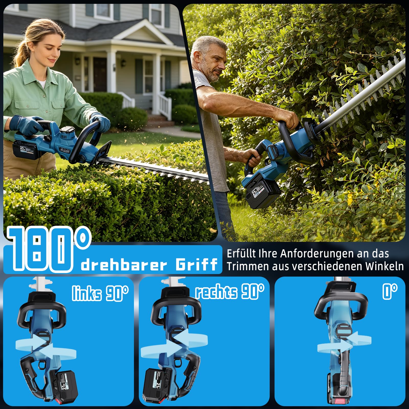 Akku Heckenschere Bürstenlos,Elektrische Heckenschere mit 2X 4,0Ah Akku und Ladegerät,1200W Bürstenloser Motor 52cm Schnittlänge 180° Einstellbarer Messerkopf, 14mm Schnittbreite für Gartenpflege