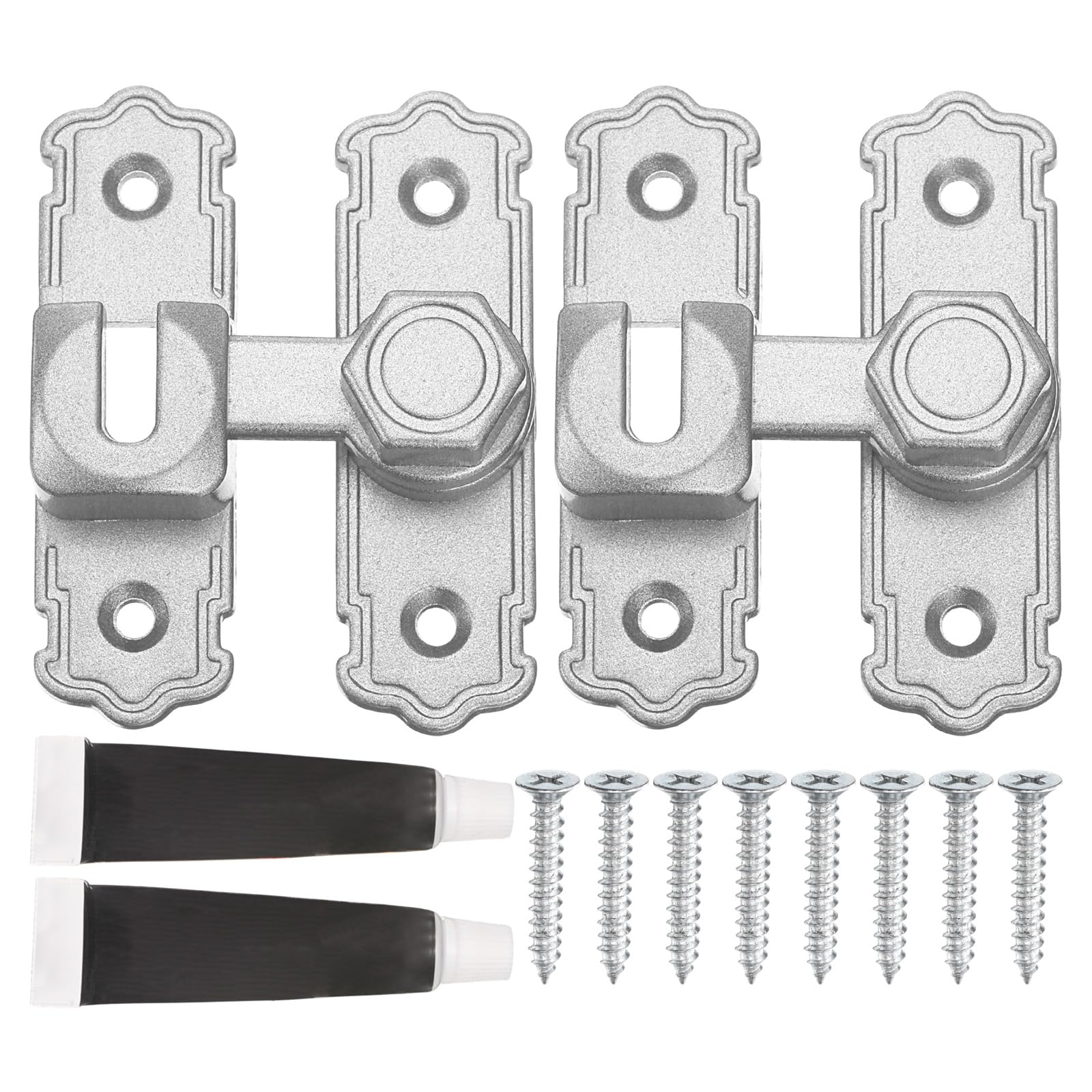 sourcing map 2Pcs 90/180 Degree Flip Gate Latches, Aluminum Alloy Flip Sliding Barn Door Latch with Screws & Glue, Heavy Door Lock for Barn Cabinet Wood Fence, Garage Window, Silver