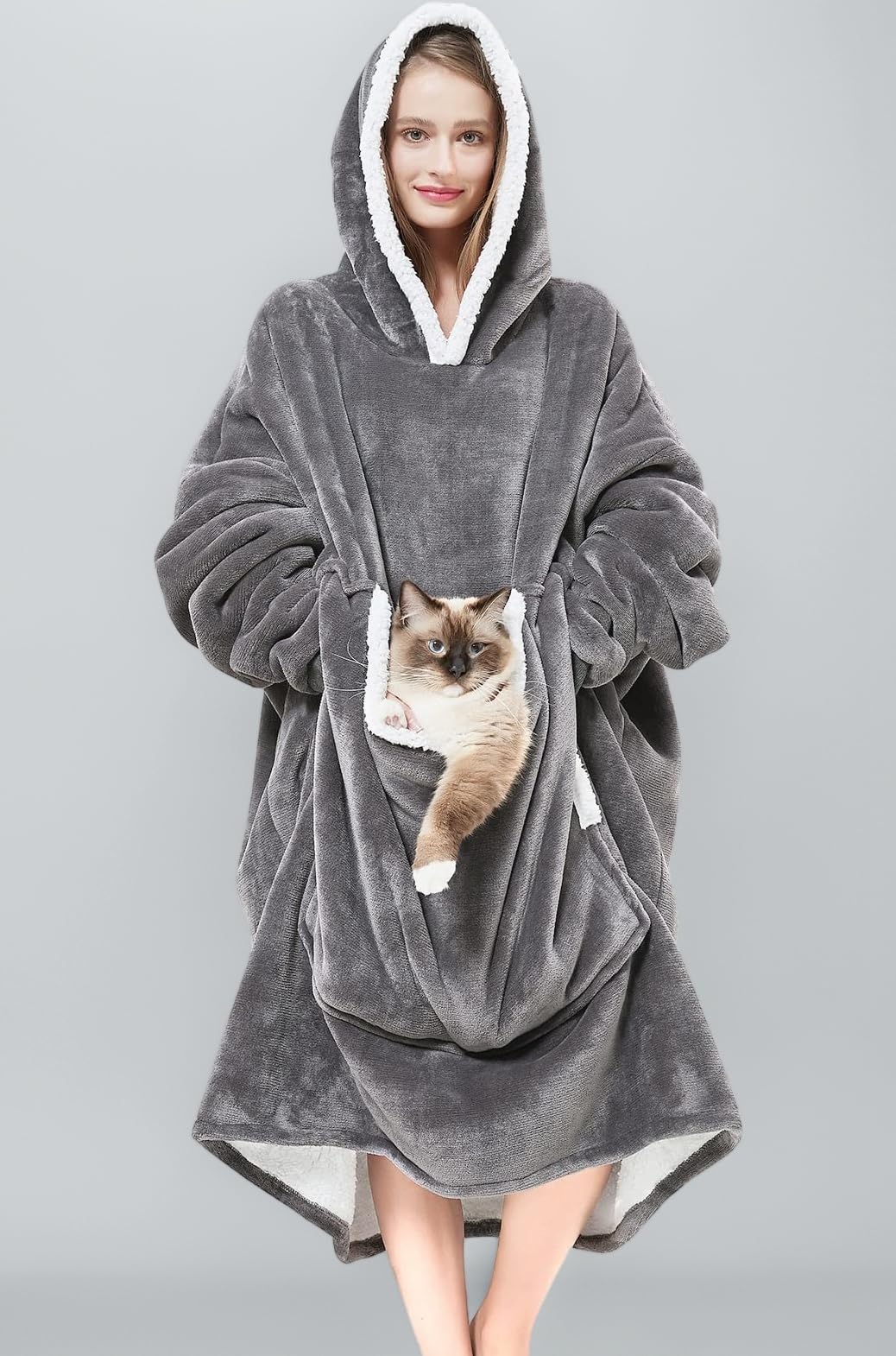Cozystar Wearable Blanket Hoodie with Giant Pocket （Pet Won't Leave） Extra Soft Sherpa Fleece Thick Warm ＆ Cozy Oversized Sweatshirt Blanket Jacket with Sleeves-Grey