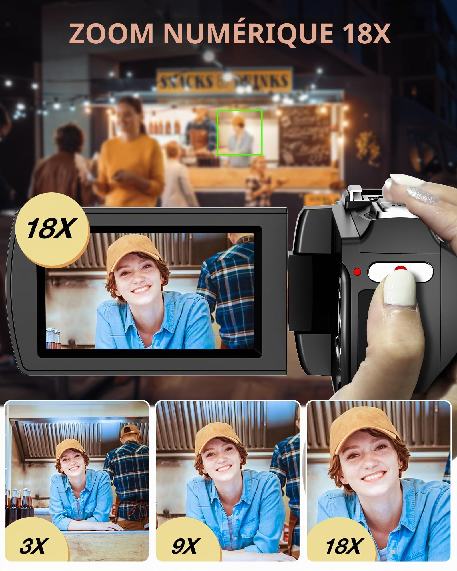 Caméscope 4K 30FPS Caméra Vidéo 48MP, Zoom Numérique 18X Camescope, Écran LCD de 3"Rotatif à 270° Camera Vlog pour Youtube, Camcorder Video Camera avec Carte Mémoire 32 Go, Télécommande, Mic, 2 Piles