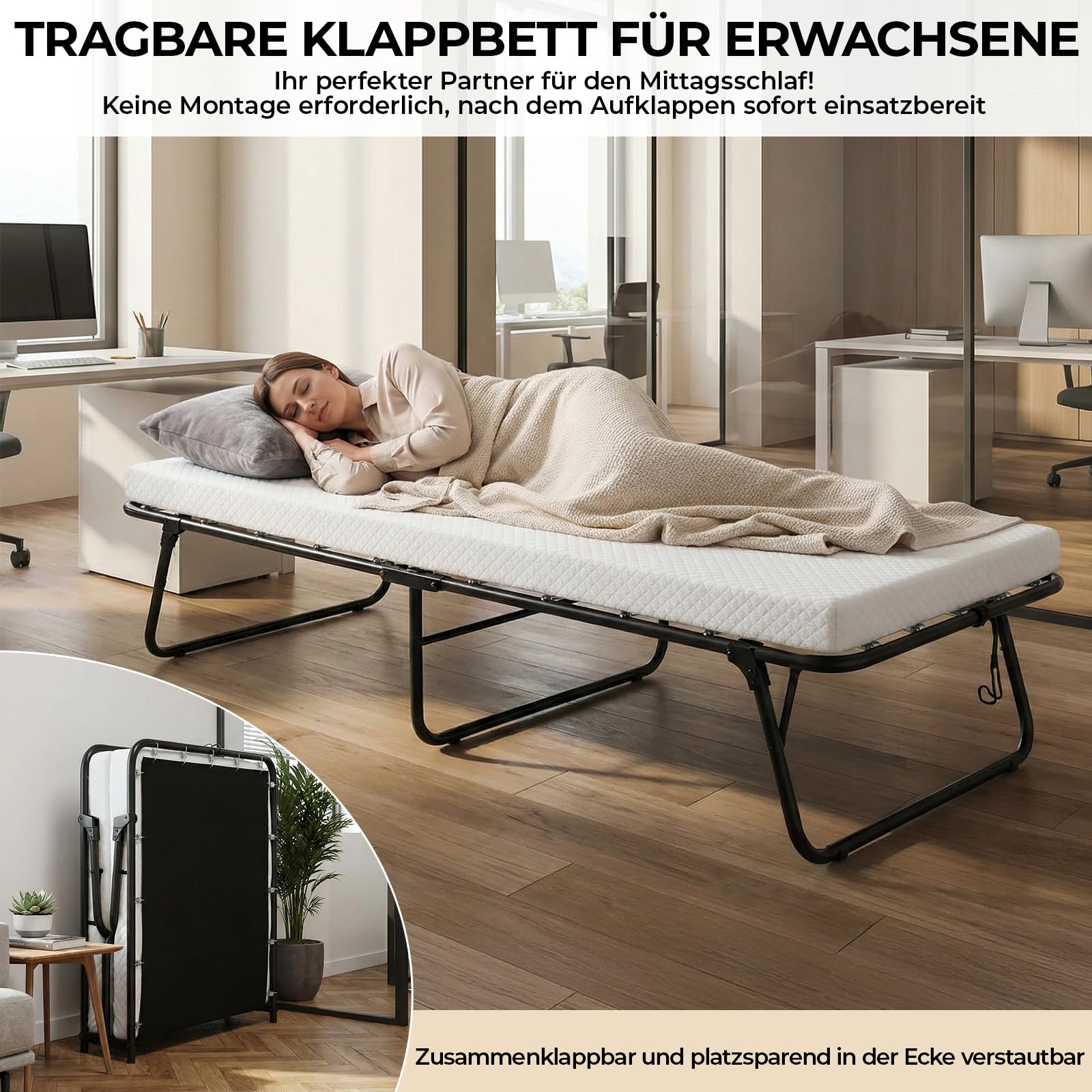 MAMIZO Klappbett Gästebett 80x190cm,Einzelbett Klappbar,Tragbares Reisebett | mit 7cm Memory-Schaum Matratze, Gästebett Klappbar für Erwachsene, Ohne Aufbau, für Gästezimmer, Büro, Pflegeheim, Schule