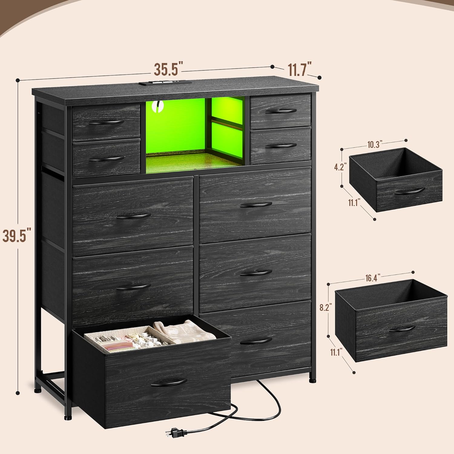Dresser for Bedroom with 10 Drawers Featuring LED Light and Power Outlet, Fabric Dressers & Chest of Drawers with Open Shelves for Hallway, Living Room, Metal Frame,Wood Top,Grain Black - Image 3